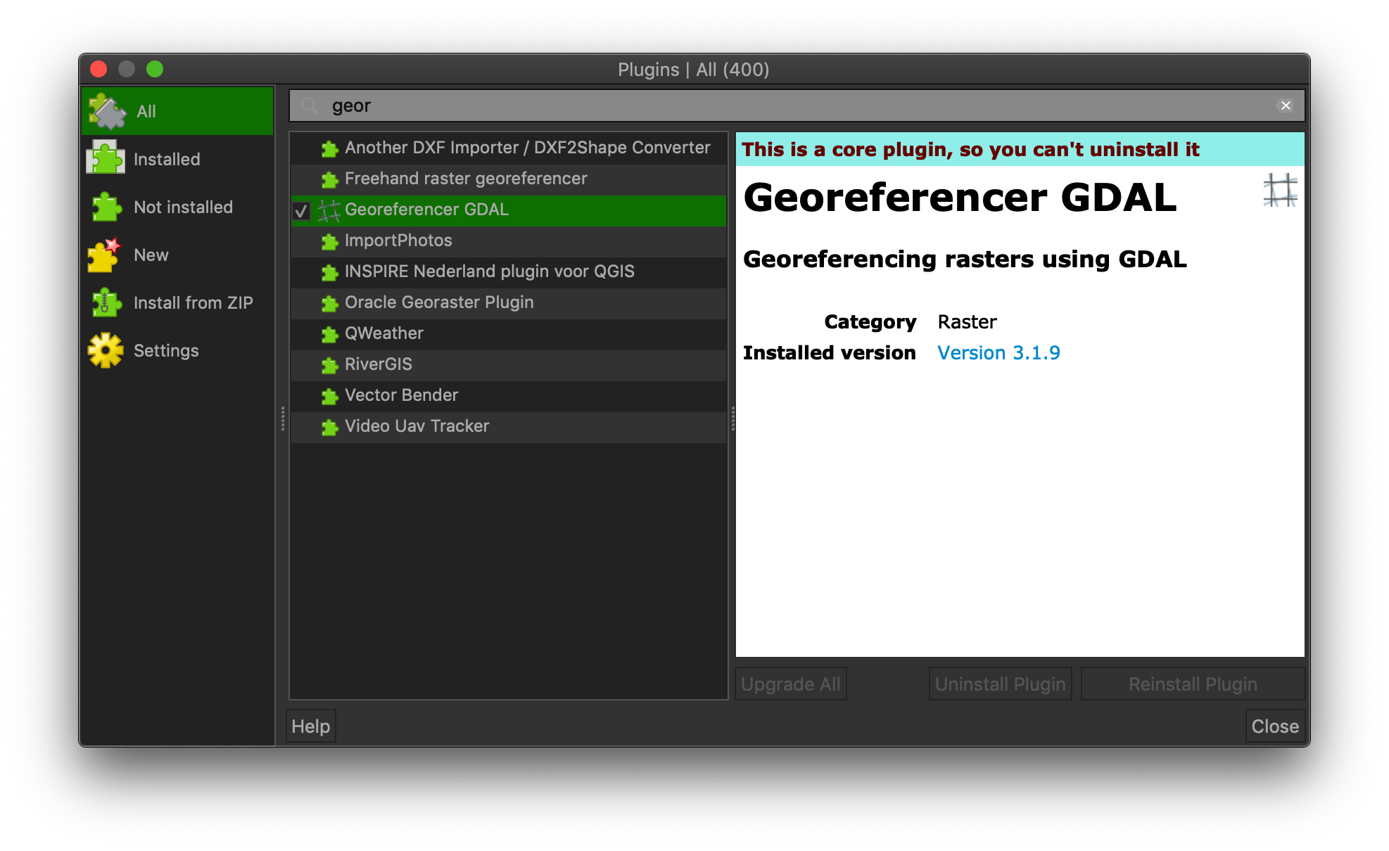 The Georeference plugin is already installed but needs to be enabled