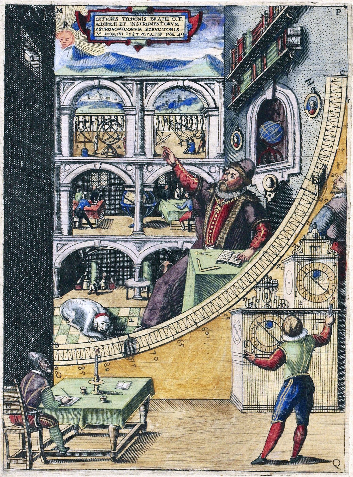 Tycho with his mural quadrant, Astronomiae Instauratae Mechanica (1598)