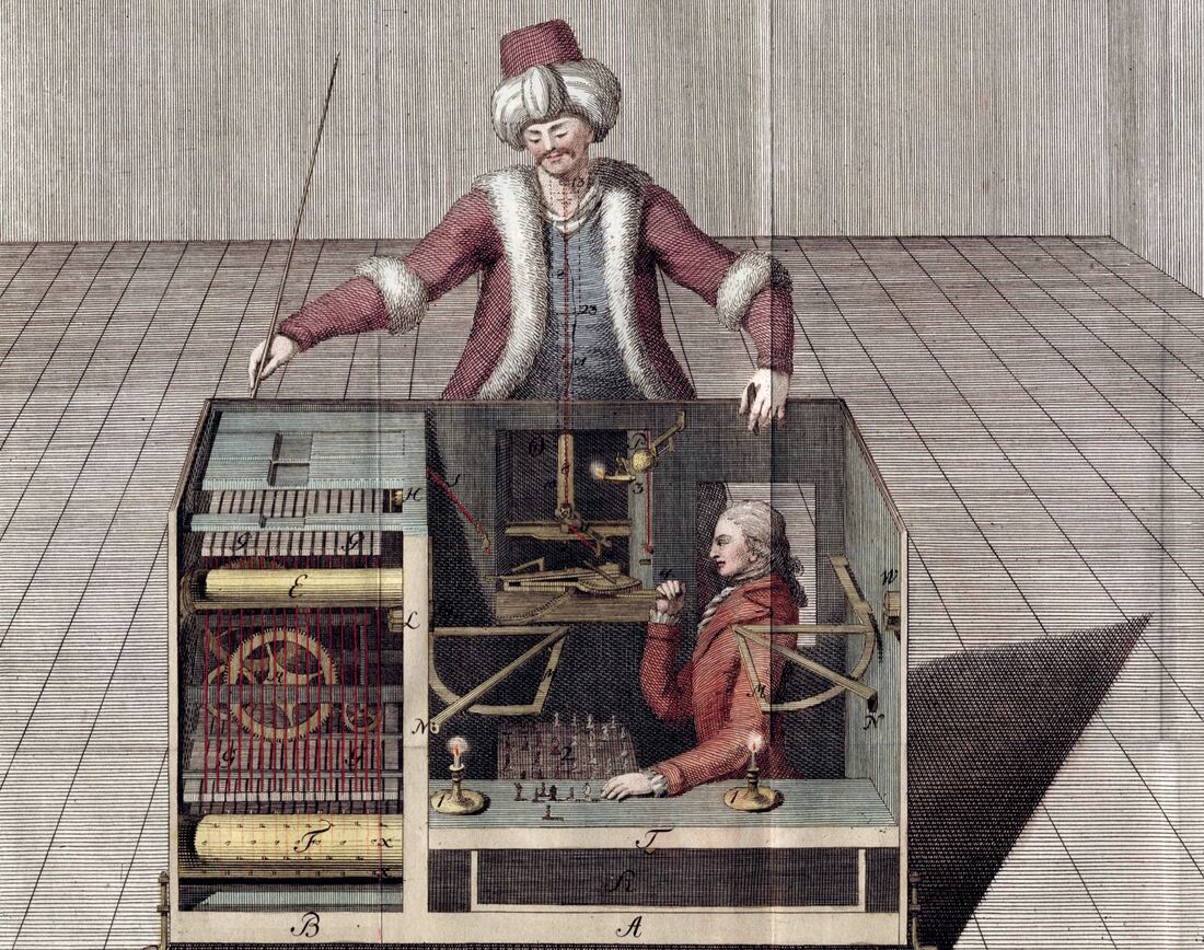 Racknitz's plate III, reduced: the Turk above its cabinet, cut away to show a man hidden inside working a small chessboard