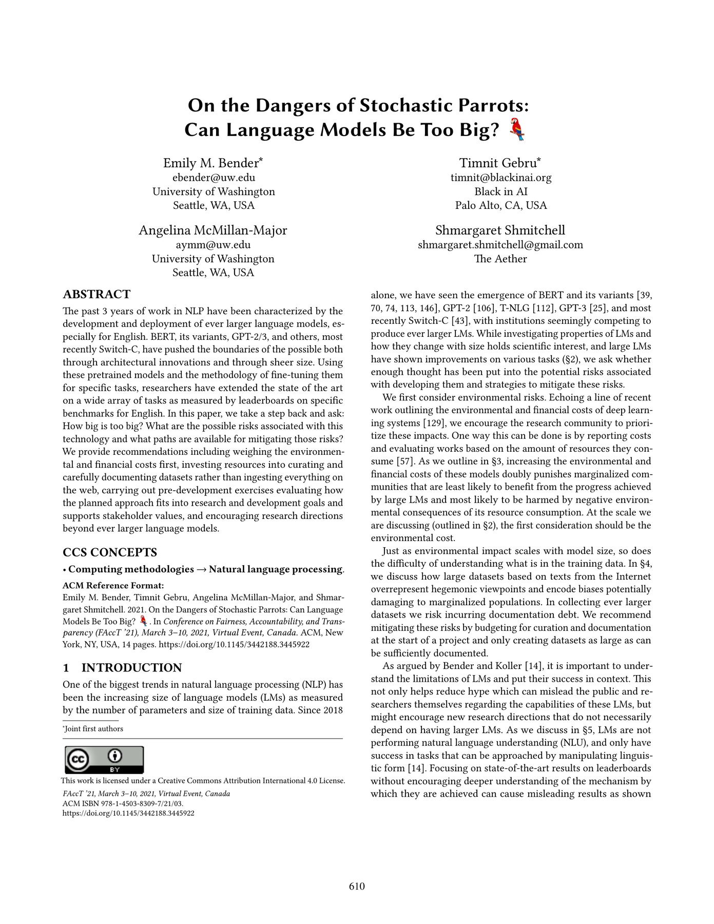 The first page of a two-column conference paper headed 'On the Dangers of Stochastic Parrots: Can Language Models Be Too Big?', with a parrot emoji after the title and four authors listed beneath it.