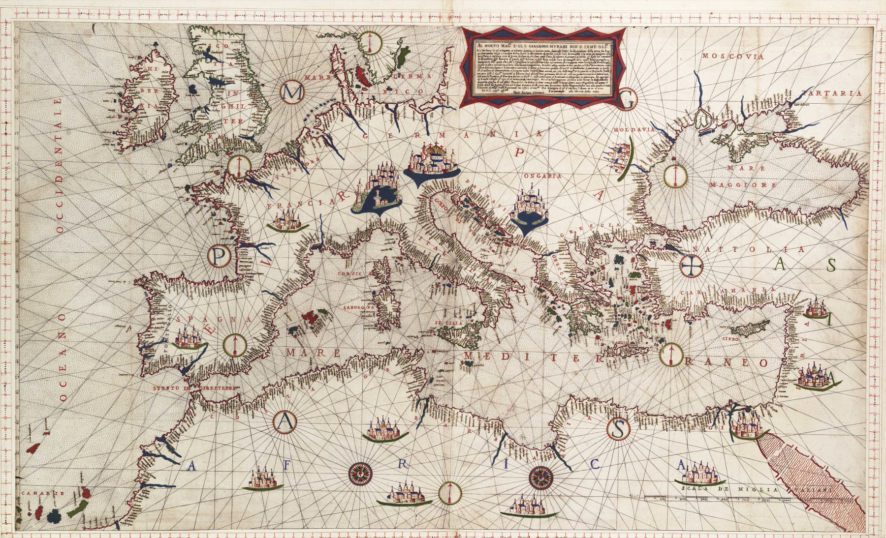 An engraved and hand-coloured sea chart of the Mediterranean and western Europe, covered edge to edge by a web of ruled rhumb lines radiating from compass roses, with coastlines picked out in red and small drawn ships and walled cities scattered across the sea