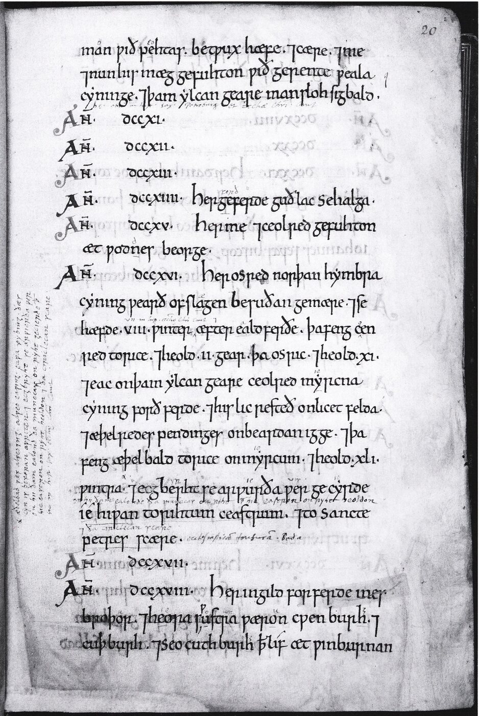 A manuscript page of the Anglo-Saxon Chronicle: year headings down the left margin, several with no entry after them