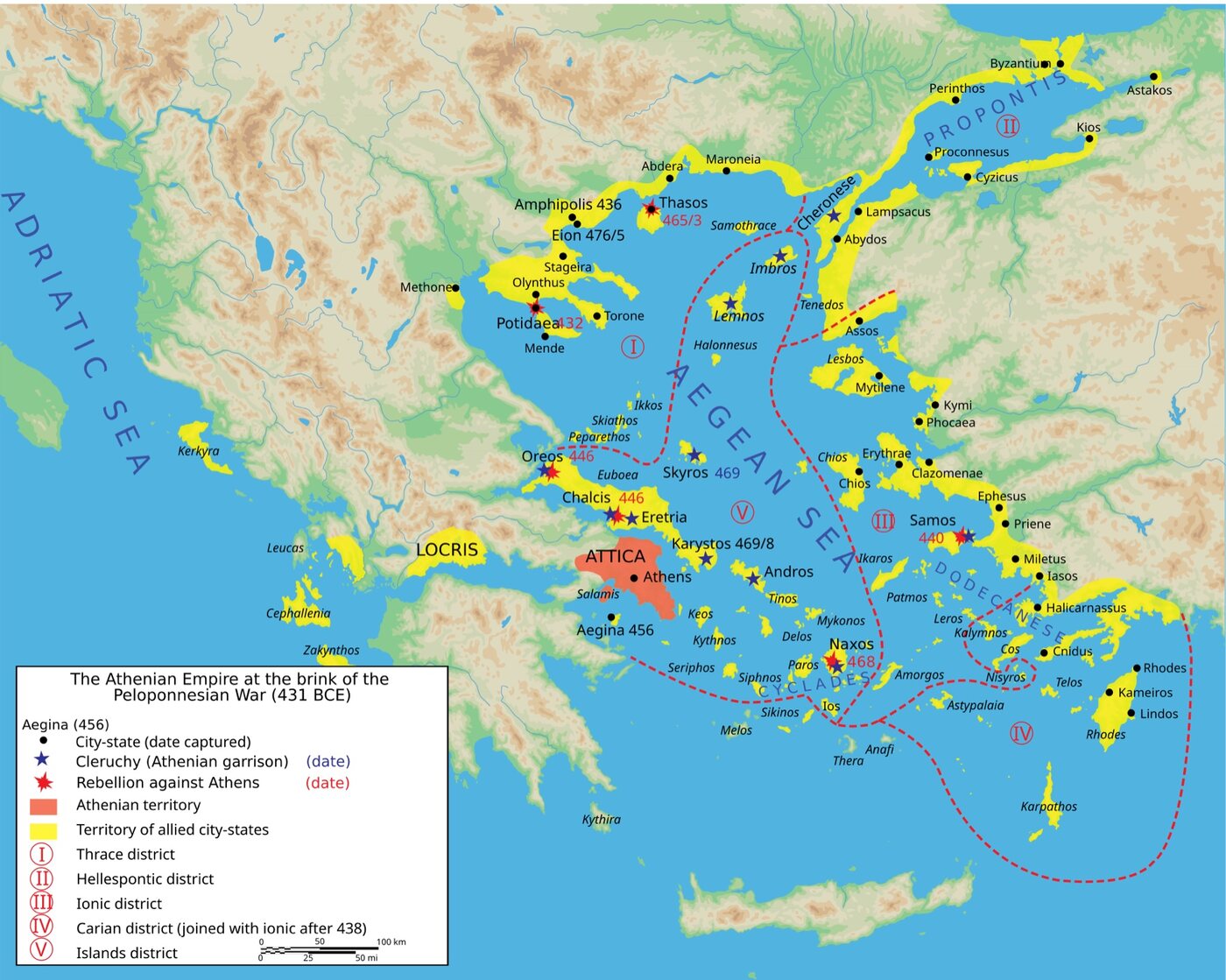 A map of the Aegean in 431 BCE, Athens and its subject allies shaded, with small neutral islands among them