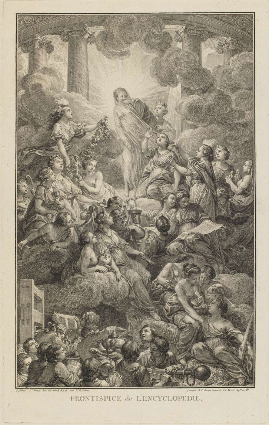 An engraved allegory: a radiant figure of Truth at the top being unveiled, with crowds of figures for the arts and sciences below