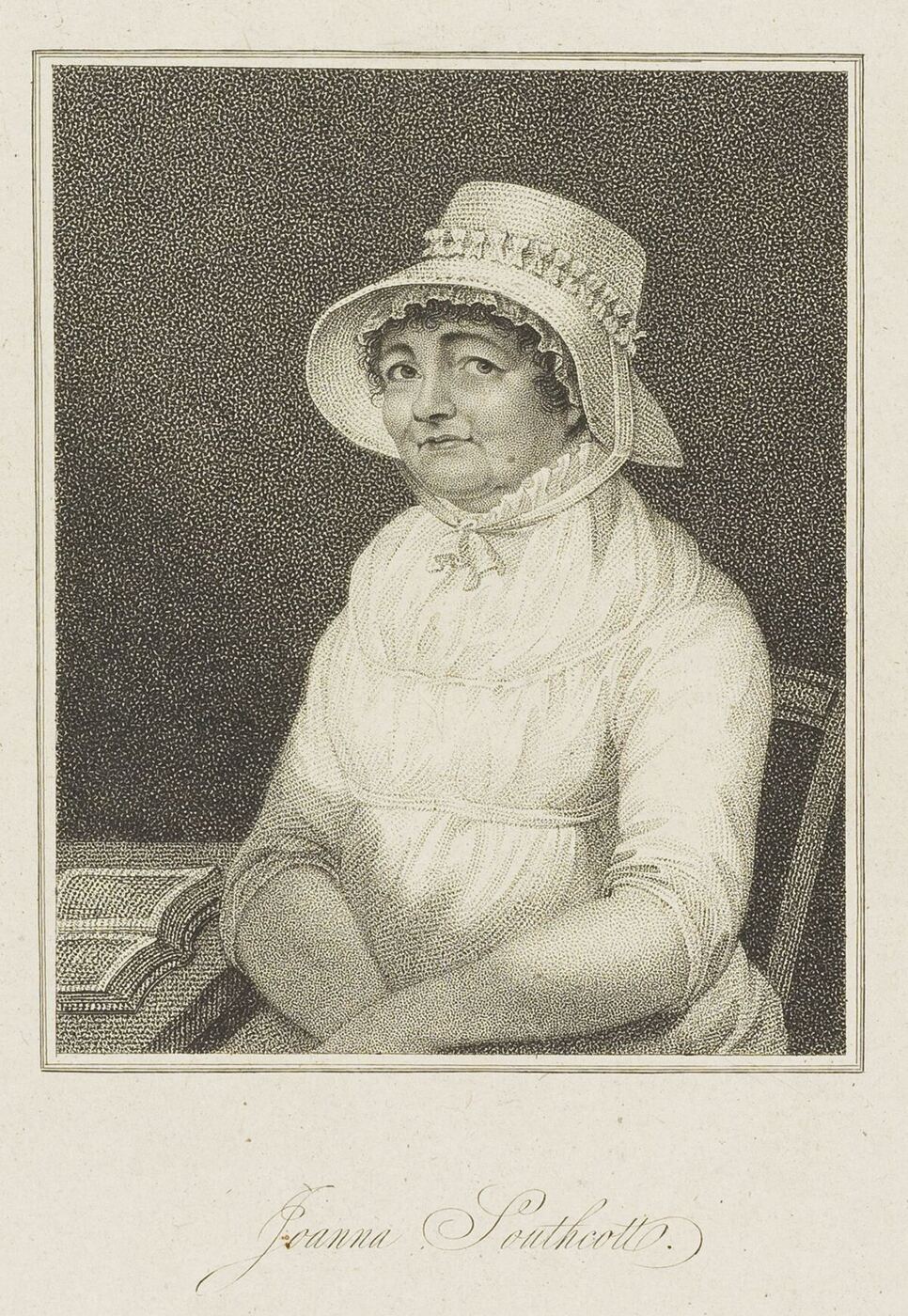 A stipple engraving of an elderly woman seated in a frilled bonnet, books at her elbow