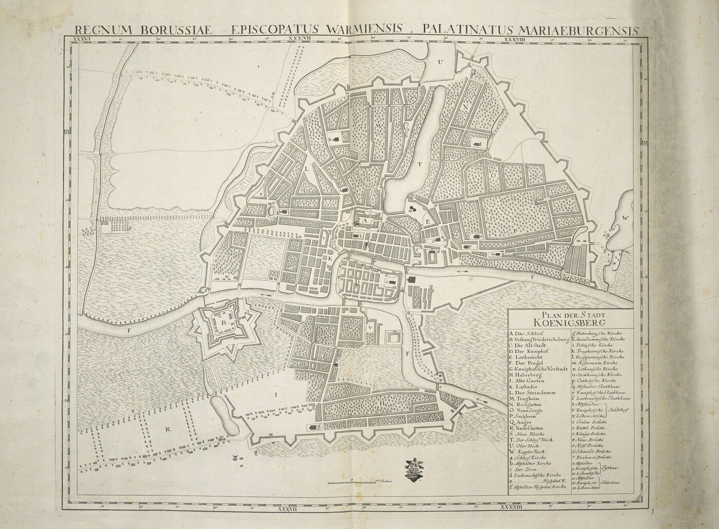 An eighteenth-century engraved town plan of Königsberg, a river island and bridges at its centre