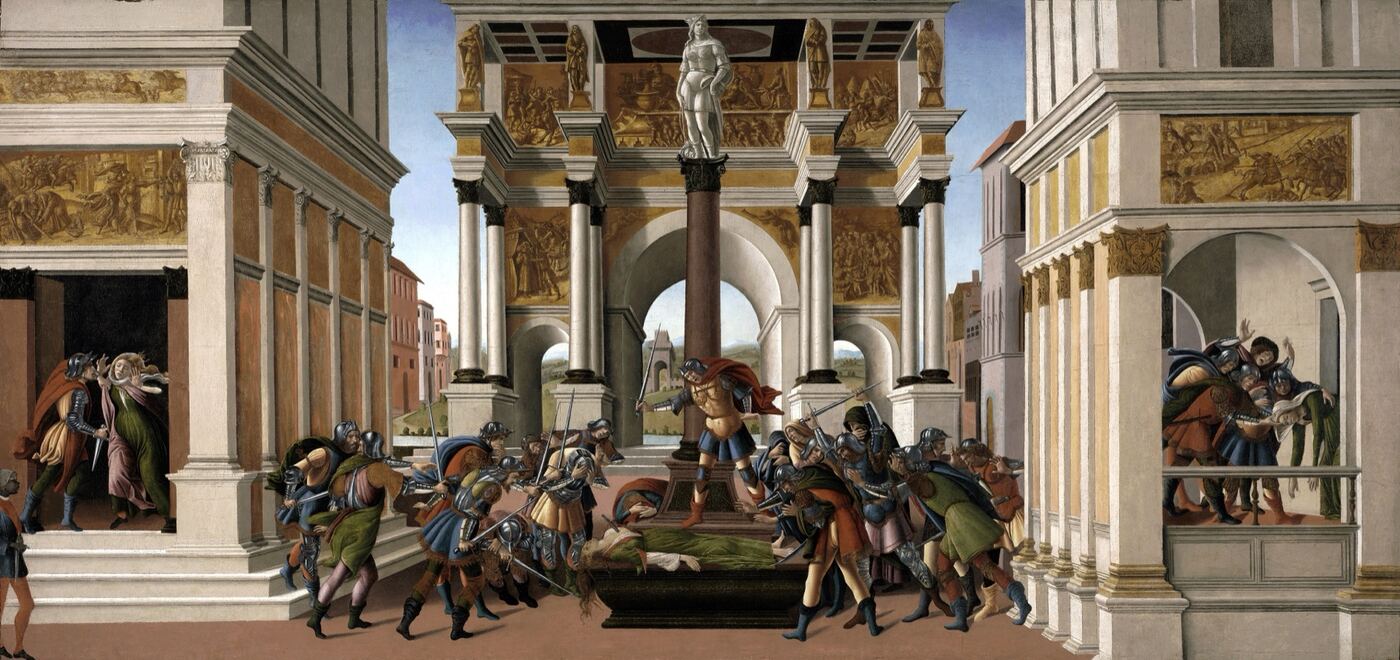 A Renaissance painting of a classical square: at the center a man stands over a woman's body raising a sword to a crowd of soldiers