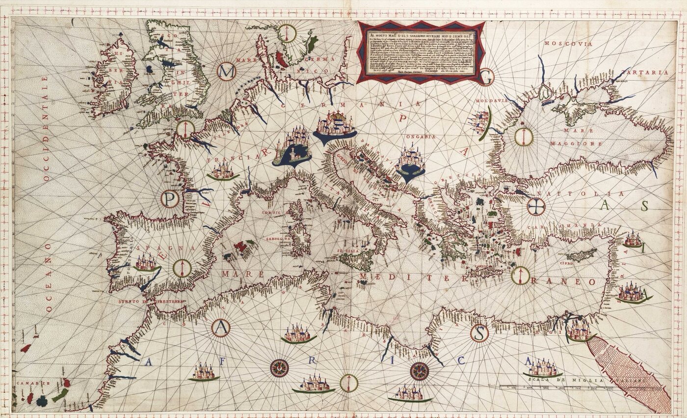 A hand-colored sea chart of the Mediterranean, coastlines and ports drawn in detail, crossed by straight bearing lines