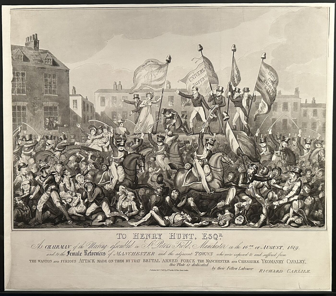 An aquatint of cavalry with raised sabres riding into a packed crowd under banners reading Universal Suffrage