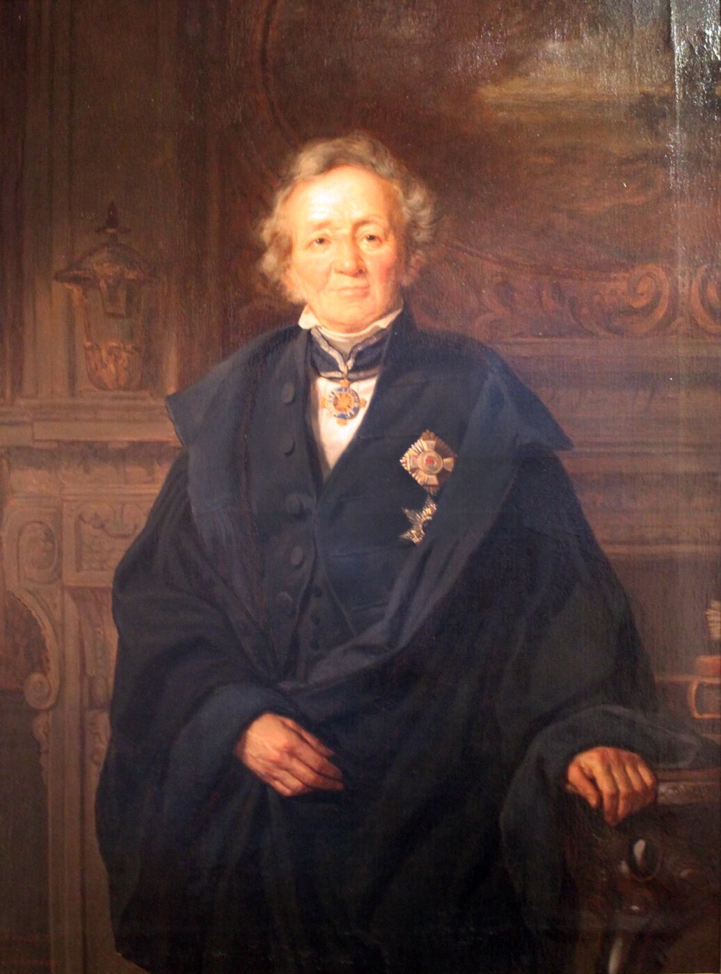 A painted portrait of an old man with white hair, two decorations on his chest
