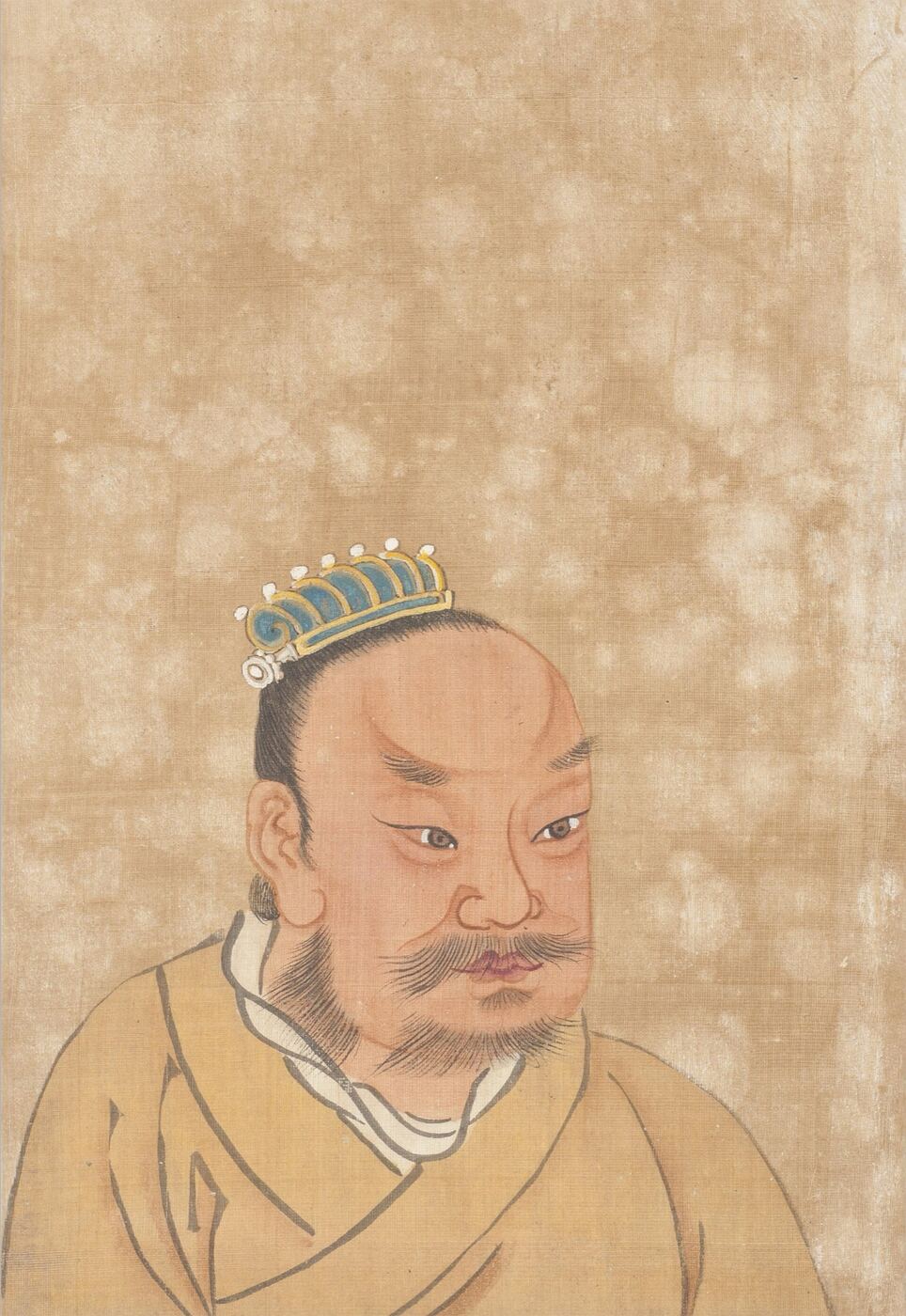 A Chinese painted portrait of a seated ruler in red robes
