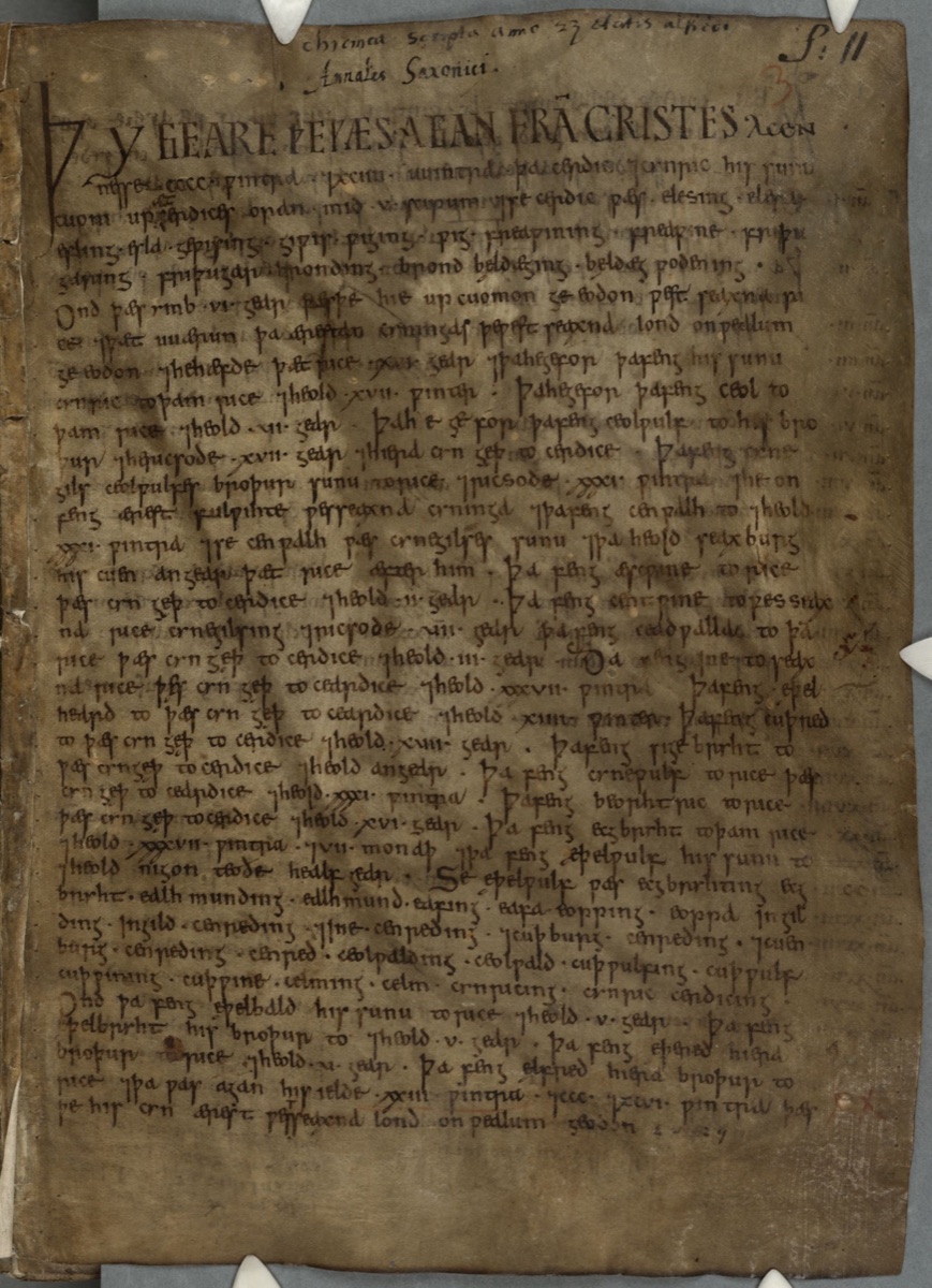 The first page of the Parker Chronicle, manuscript A, in plain Anglo-Saxon minuscule with a large plain initial