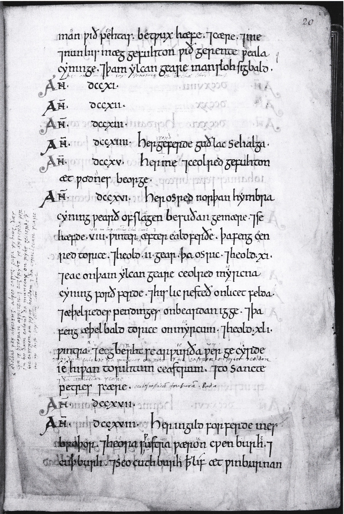 Manuscript page of the Anglo-Saxon Chronicle showing a column of AN. year headings, three of them followed by empty space