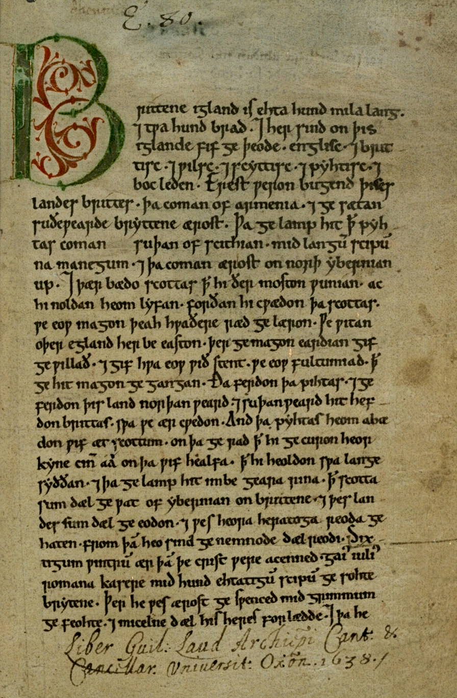 The first page of the Peterborough Chronicle, manuscript E, in a later twelfth-century hand with a decorated initial