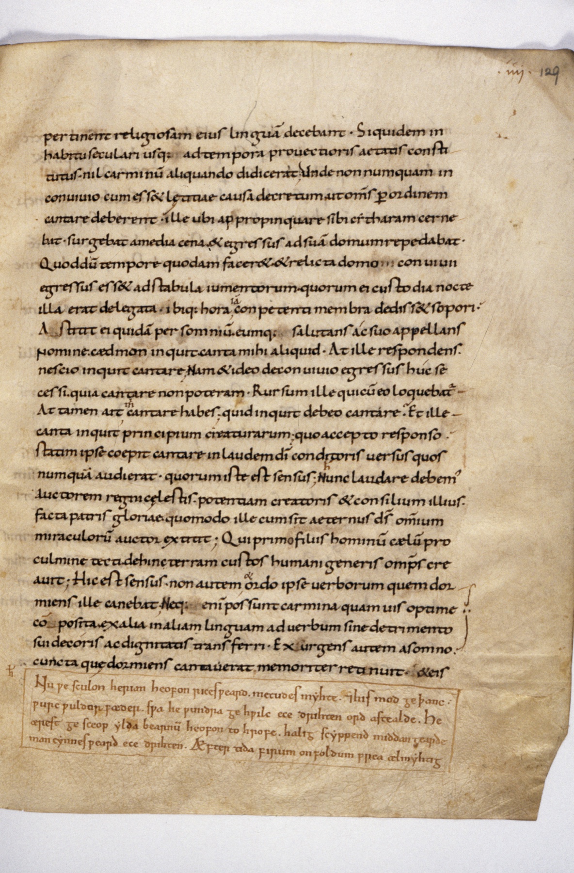 Manuscript page of Bede in Latin with a boxed addition in Old English written in the lower margin