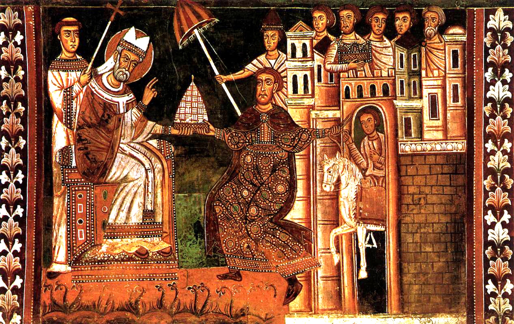 Medieval fresco of the emperor Constantine kneeling before the enthroned Pope Sylvester and handing him a white conical object, with a figure leading a white horse at right