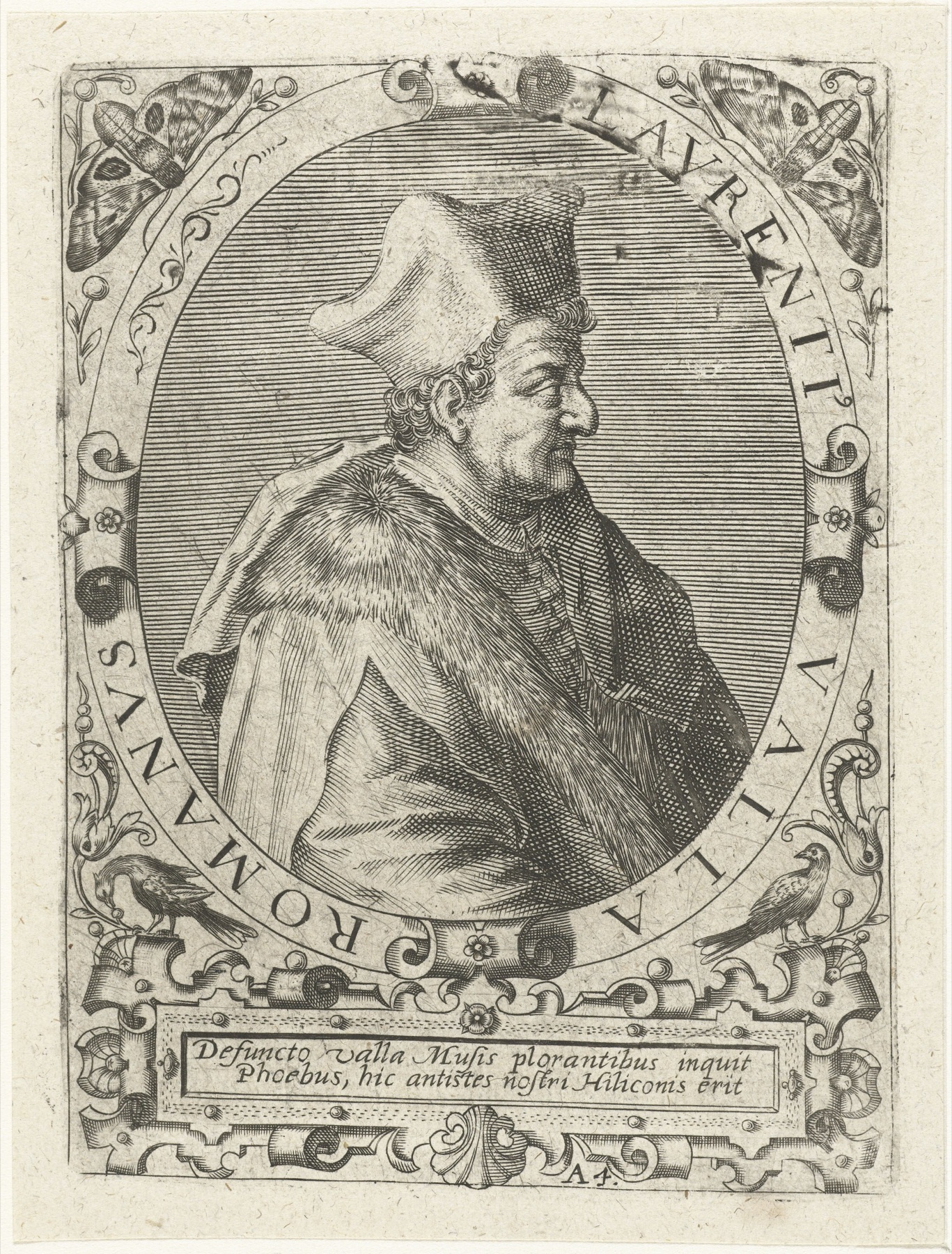 Engraved portrait of the humanist Lorenzo Valla in profile