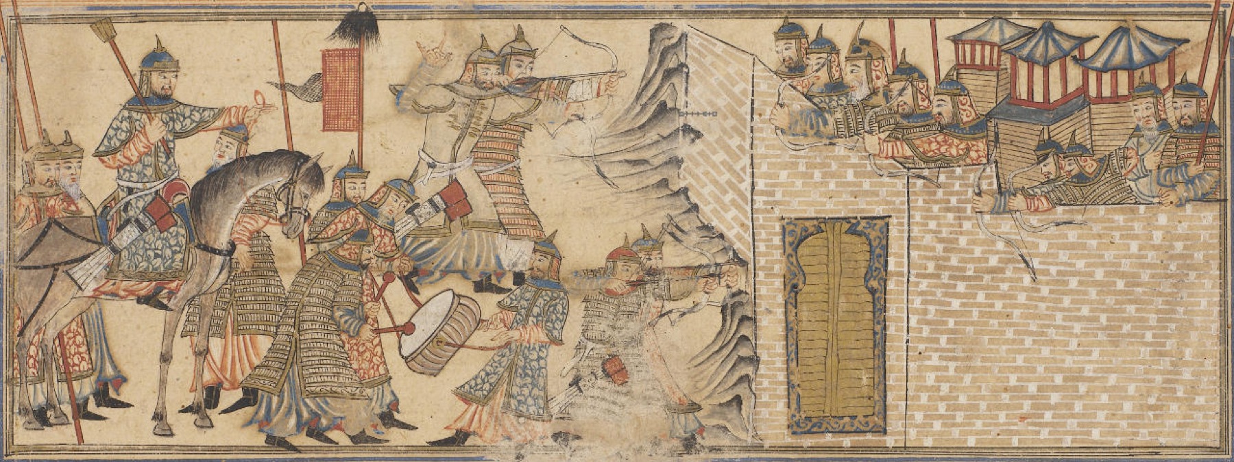 Persian miniature of an armoured army with drums and banners storming a walled fortress whose defenders shoot arrows from the battlements