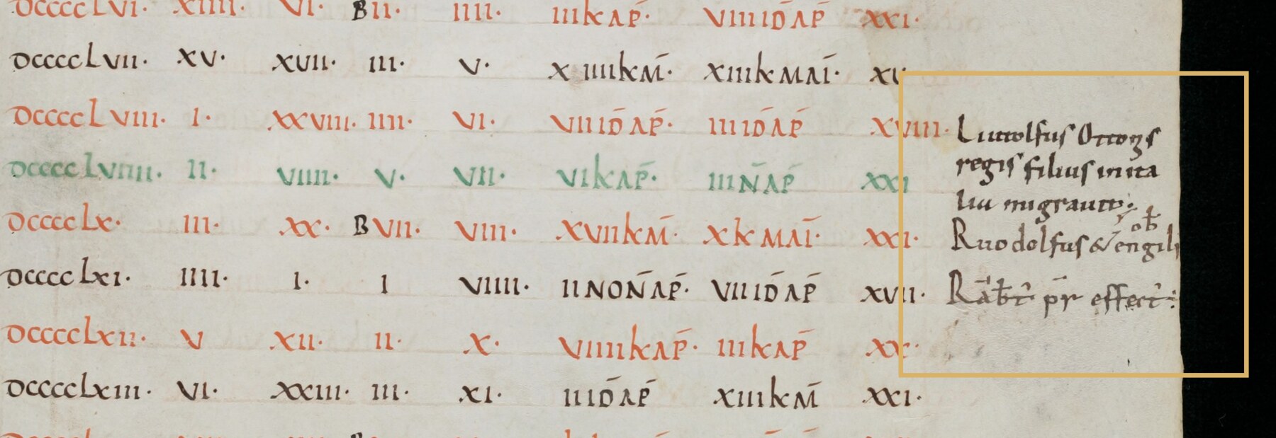 Enlarged strip of the paschal table showing year rows 956 to 963, with a gold box around three historical notes added in the right margin