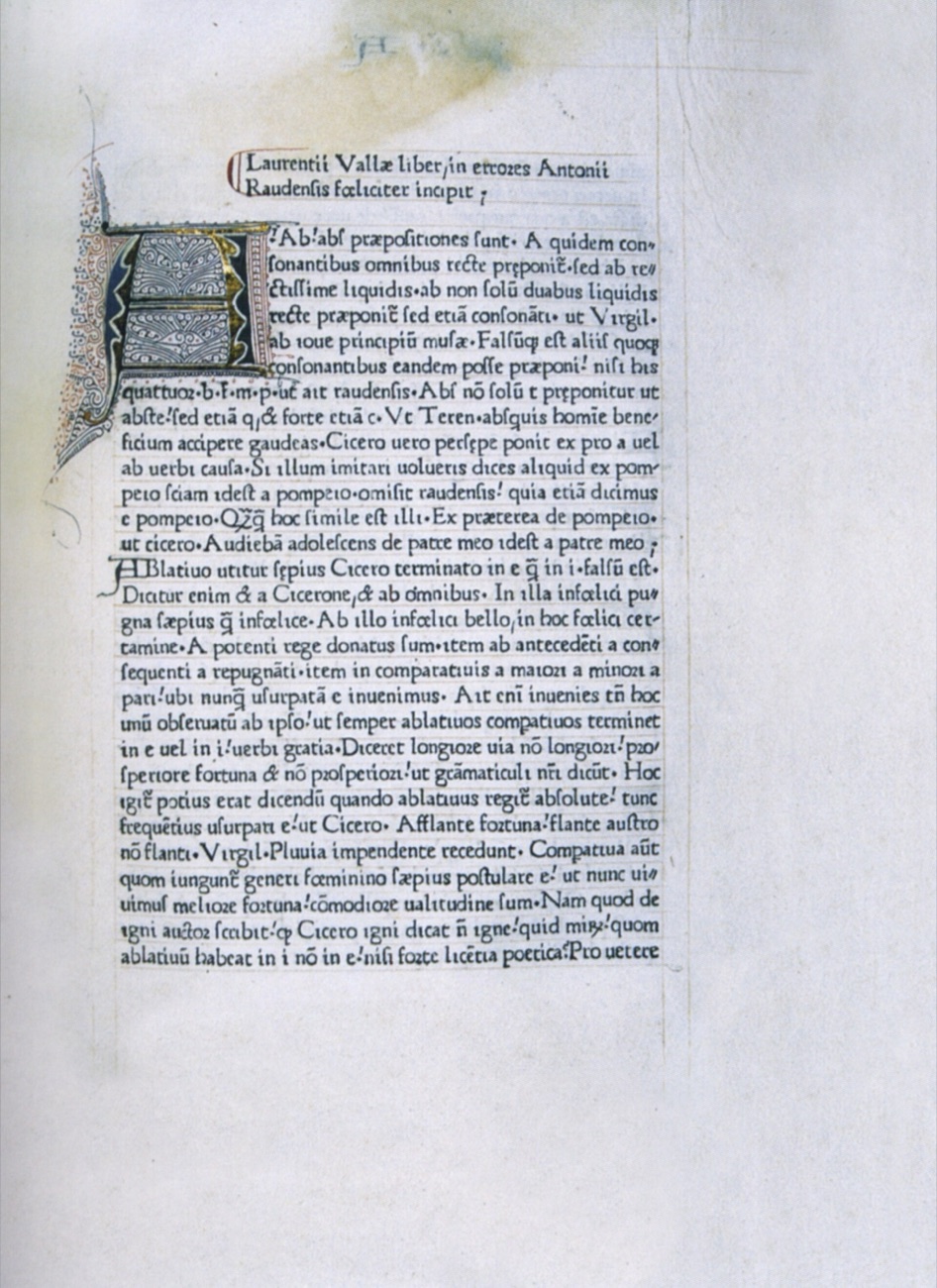 A printed page from 1471 with a gold and blue decorated initial A, opening a Latin treatise by Lorenzo Valla on correct usage
