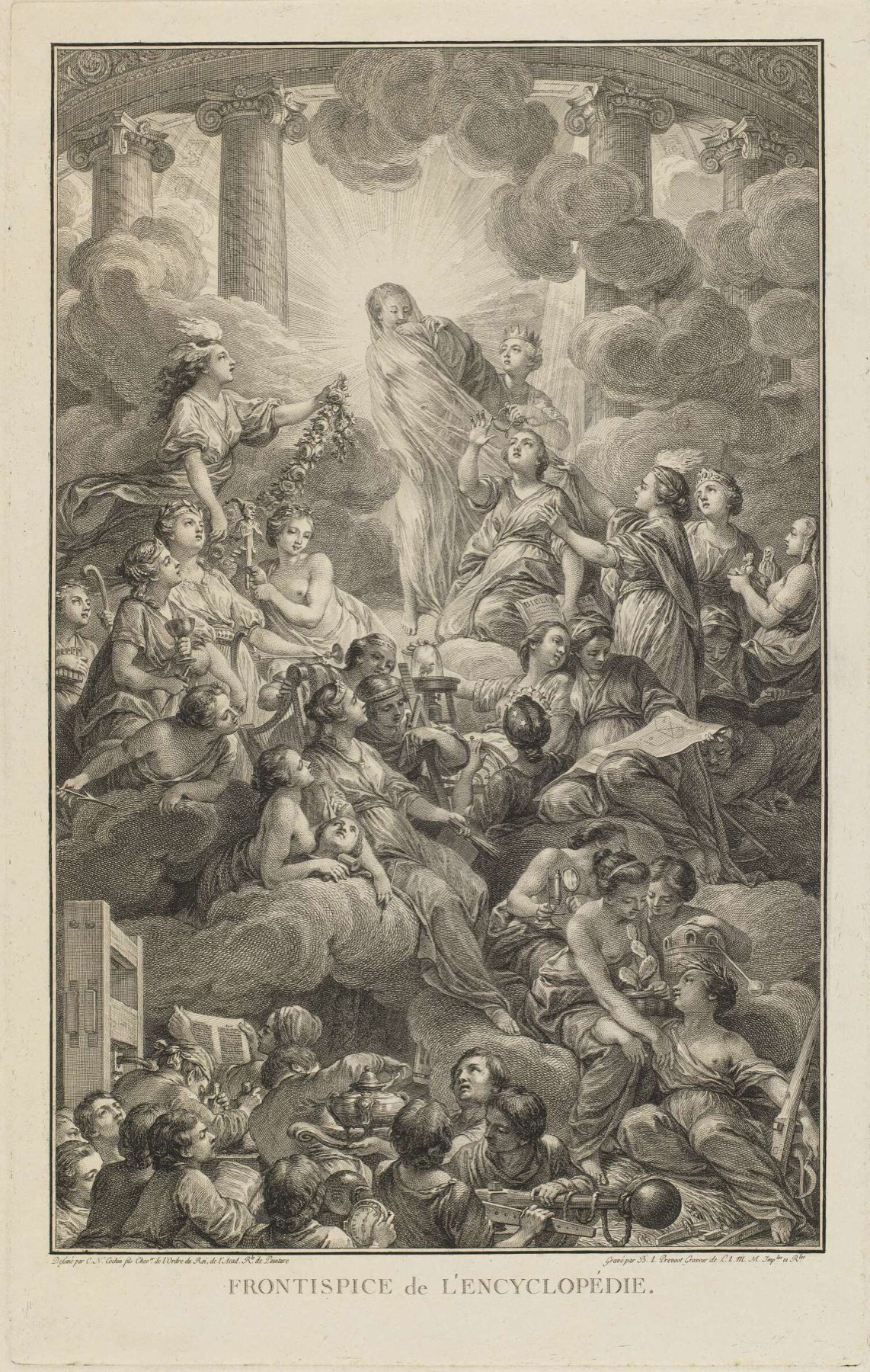 Allegorical engraving: radiant Truth unveiled at center by figures representing Reason and Philosophy, with Theology above and the sciences and arts gathered on clouds below