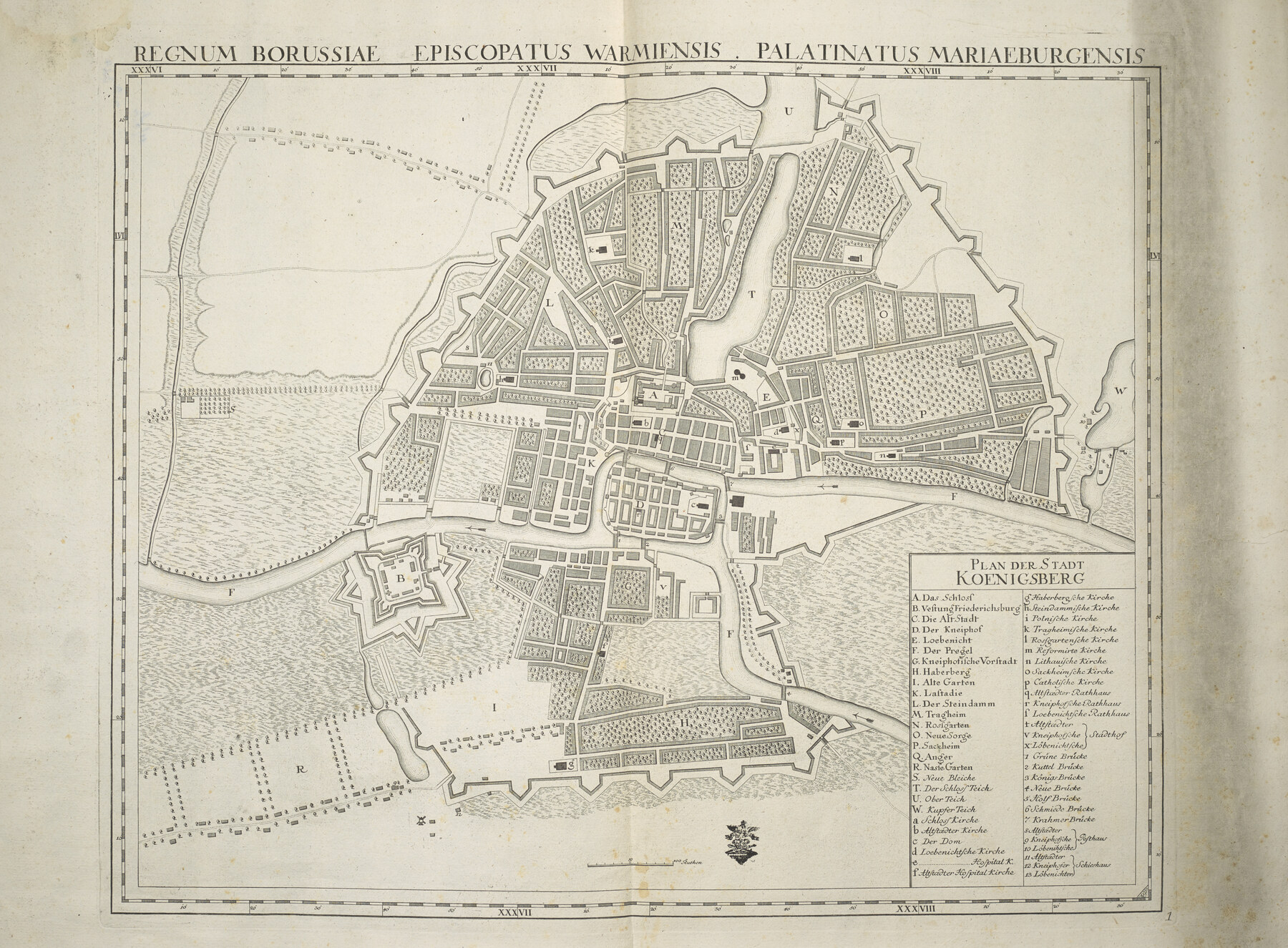 Detailed 18th-century engraved city plan of Königsberg, showing the castle, the Kneiphof island, the cathedral, star-shaped fortifications, and a legend of numbered landmarks