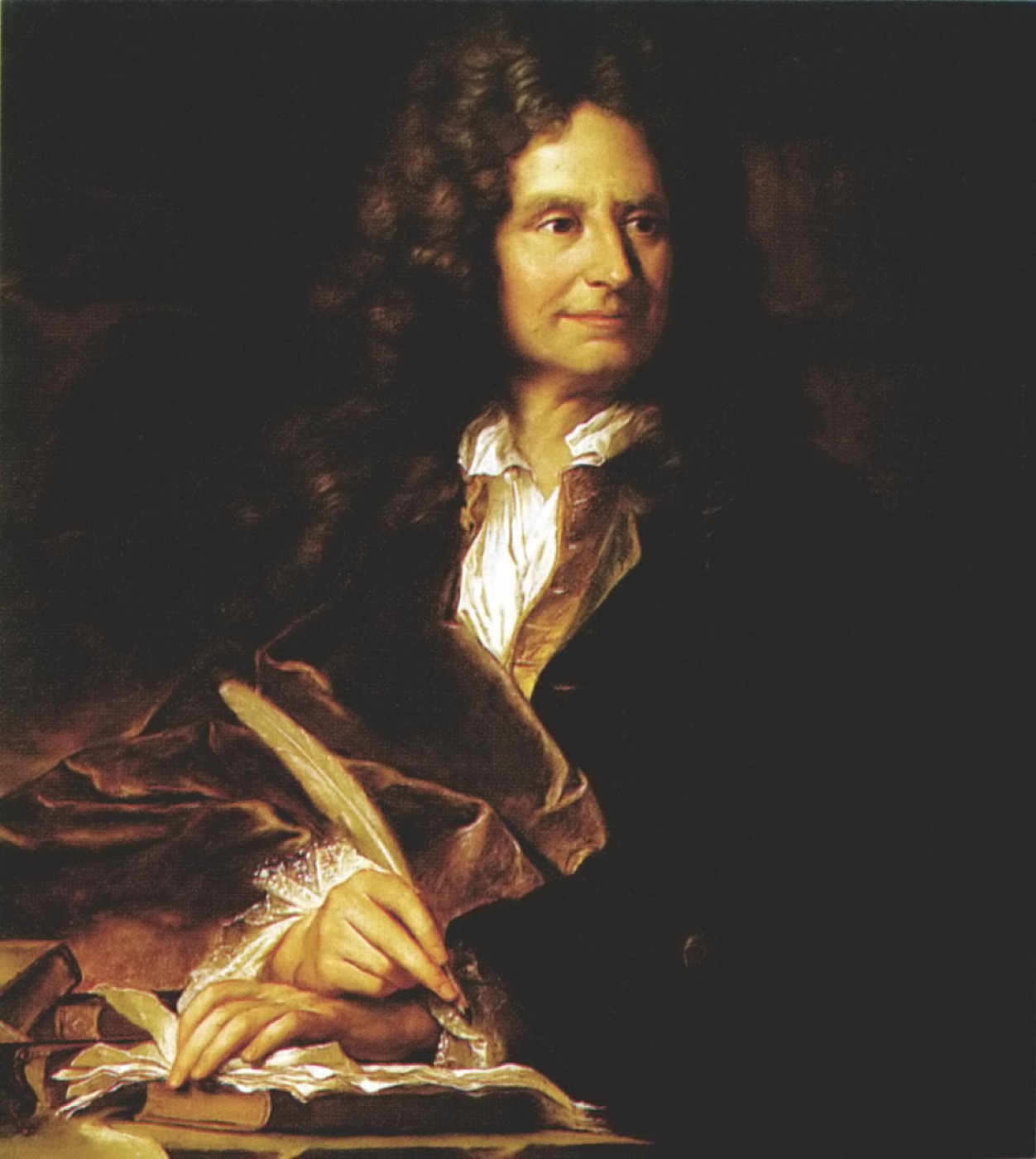Portrait of Nicolas Boileau in a long dark wig and brown robe, seated at a desk with a quill in his hand over an open book