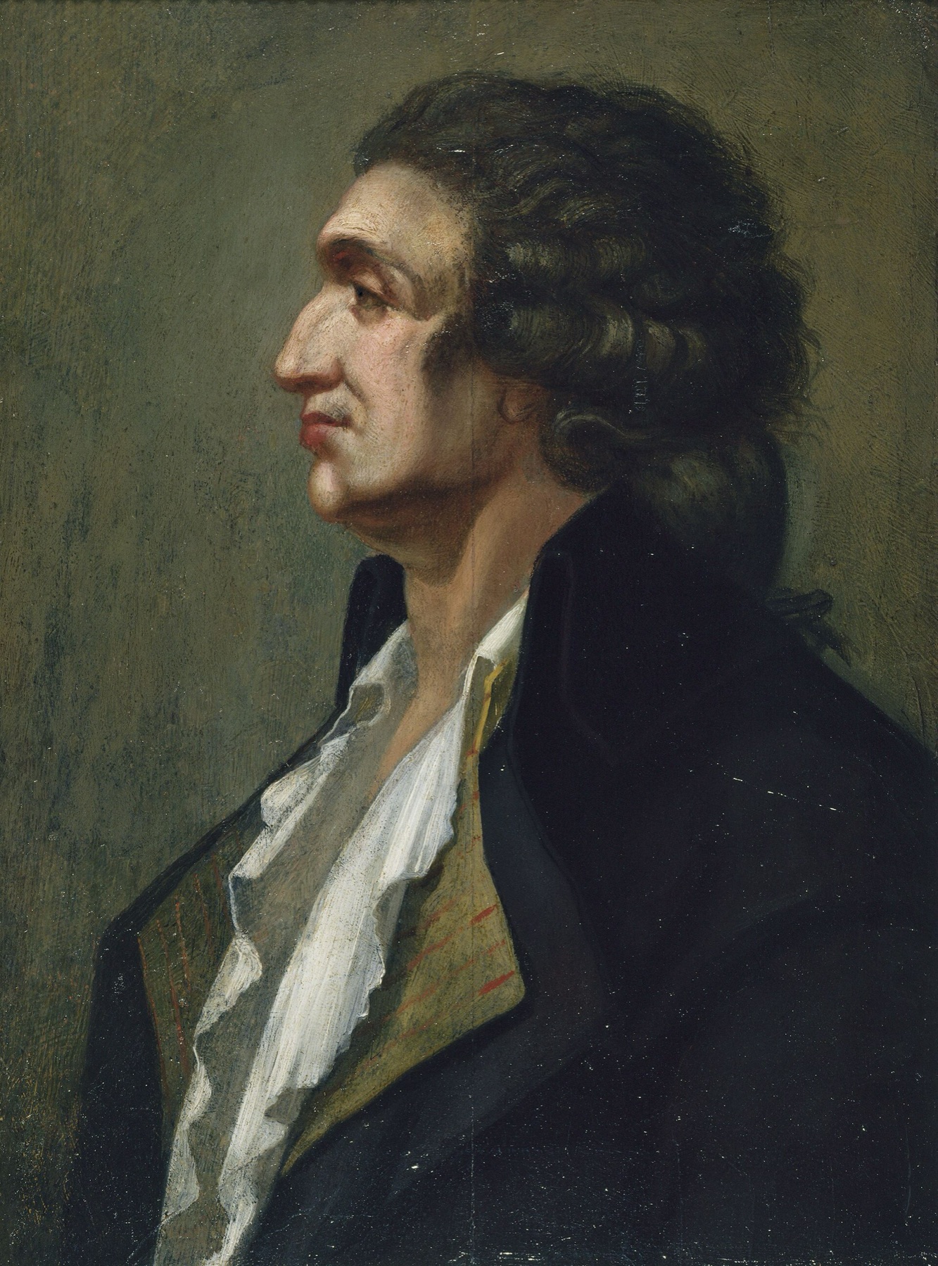 Profile portrait of the Marquis de Condorcet in a dark coat and white cravat, painted in oil against a plain olive ground
