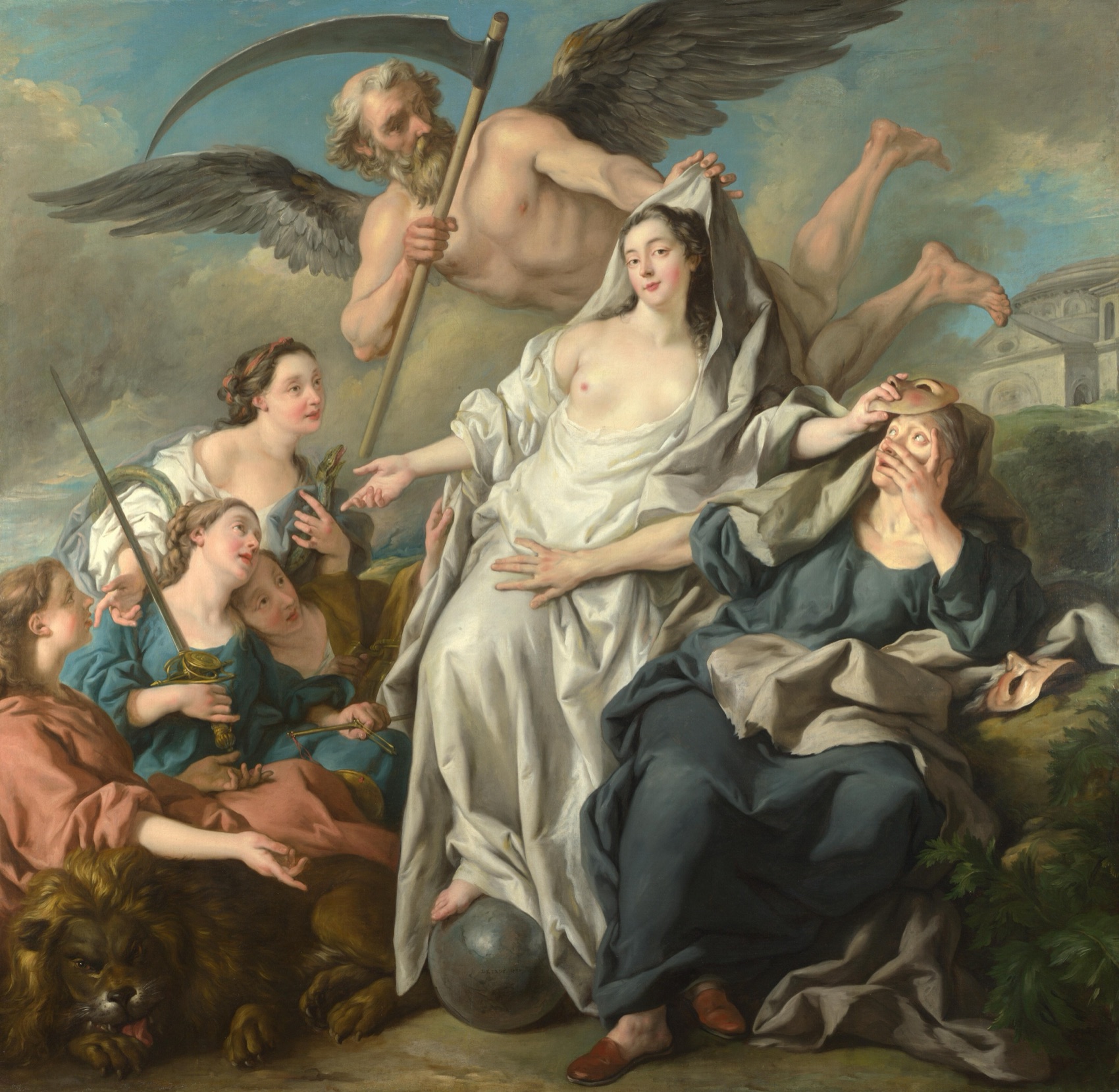 An allegorical painting: a winged, bearded figure of Time with a scythe draws a veil back from a luminous woman in white seated with her foot on a globe, while a hooded figure shrinks away clutching masks and a group with a lion looks on from the left