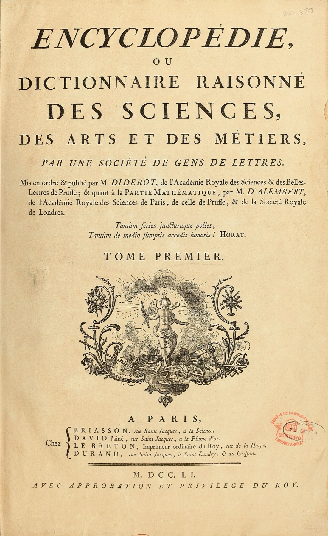 Title page of the first volume of the Encyclopédie, Paris 1751, with a small engraved vignette of a winged figure and the imprint of four Paris booksellers at the foot