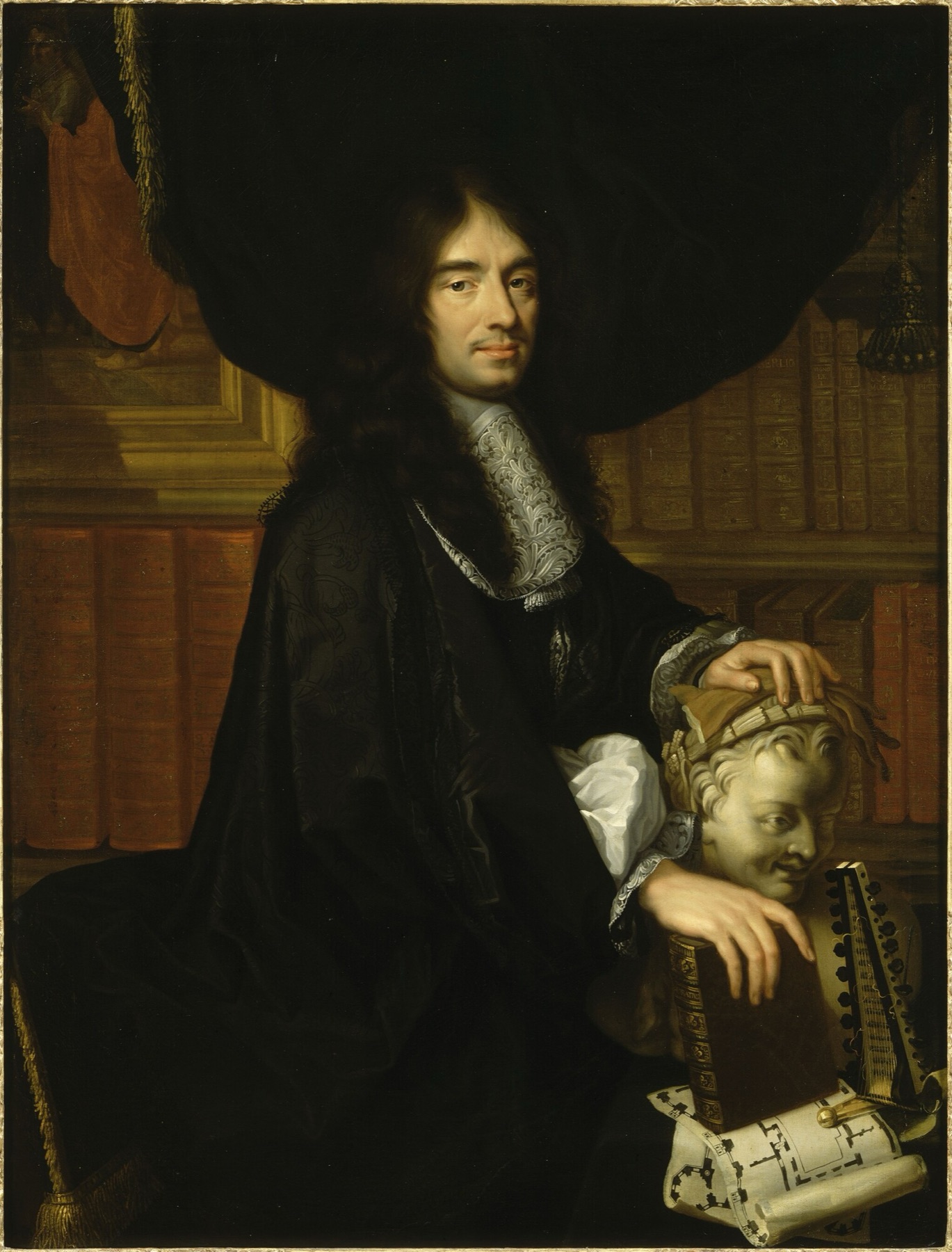 Portrait of Charles Perrault seated in a library in a black robe and long dark wig, one hand resting on a classical marble bust