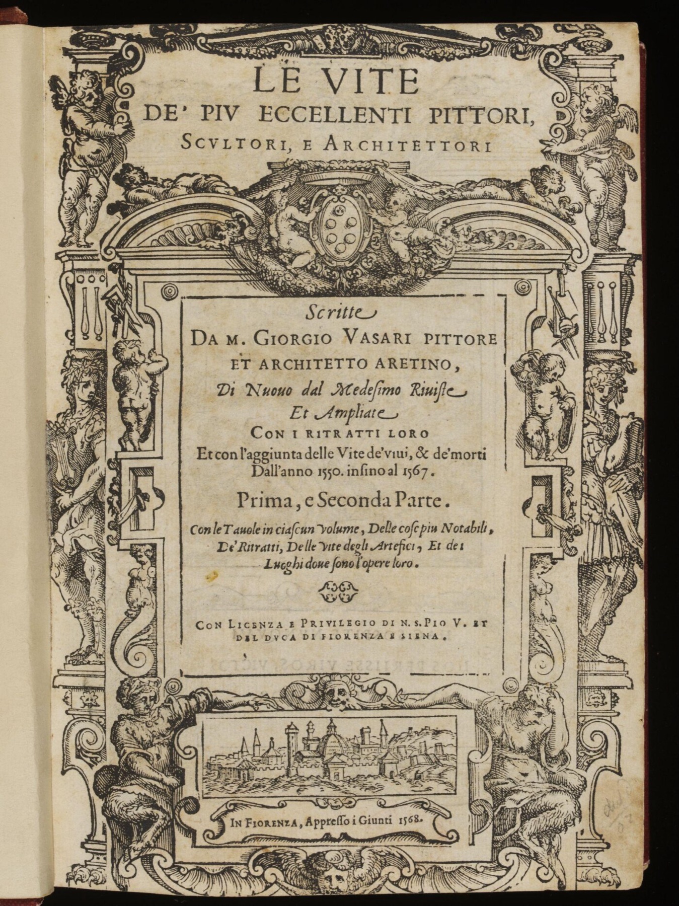 Elaborate woodcut title page of Vasari's Lives, 1568, with putti and figures framing the title and a view of Florence at the foot