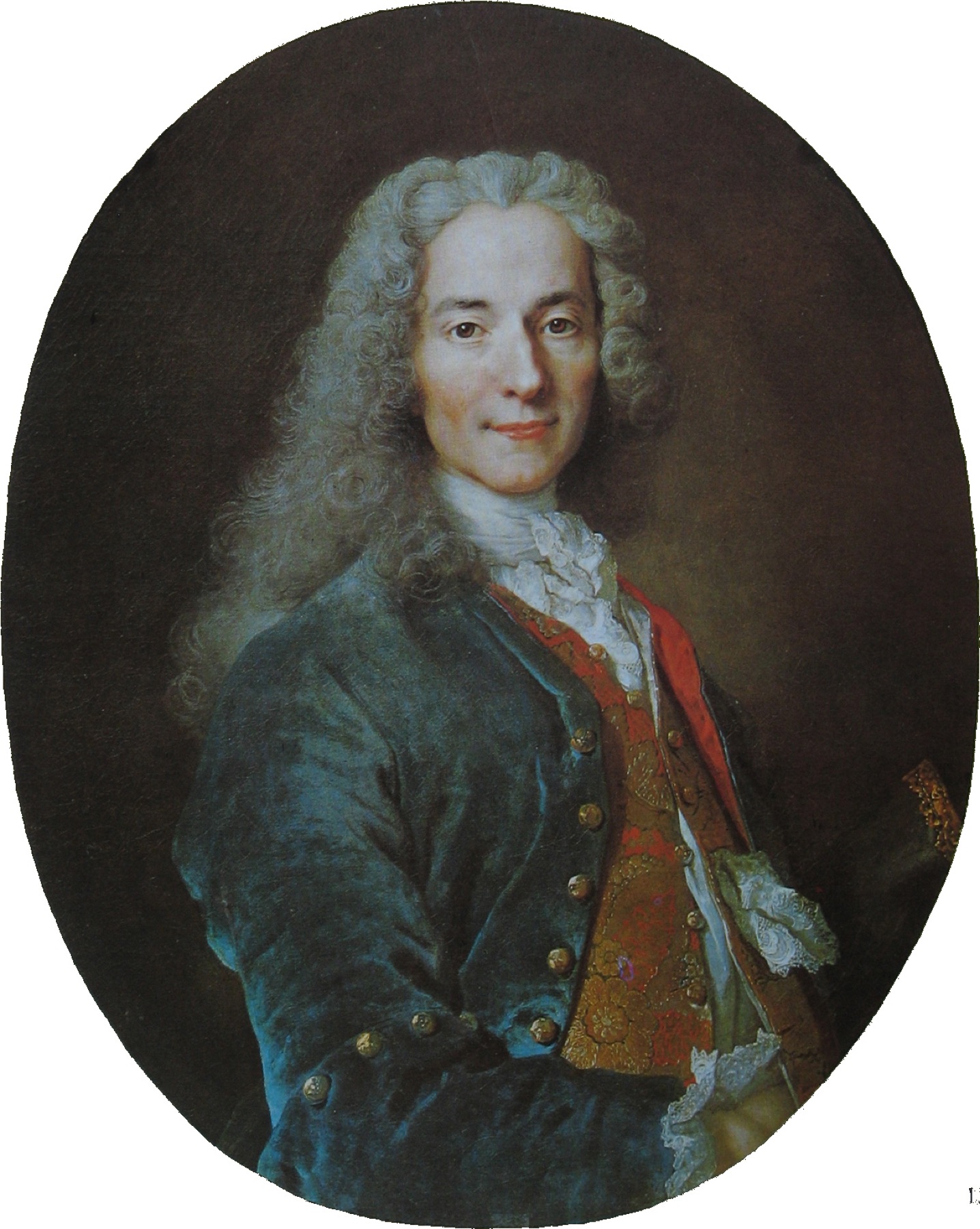 Portrait of a young Voltaire in a blue velvet coat with an elaborate curled wig, smiling faintly
