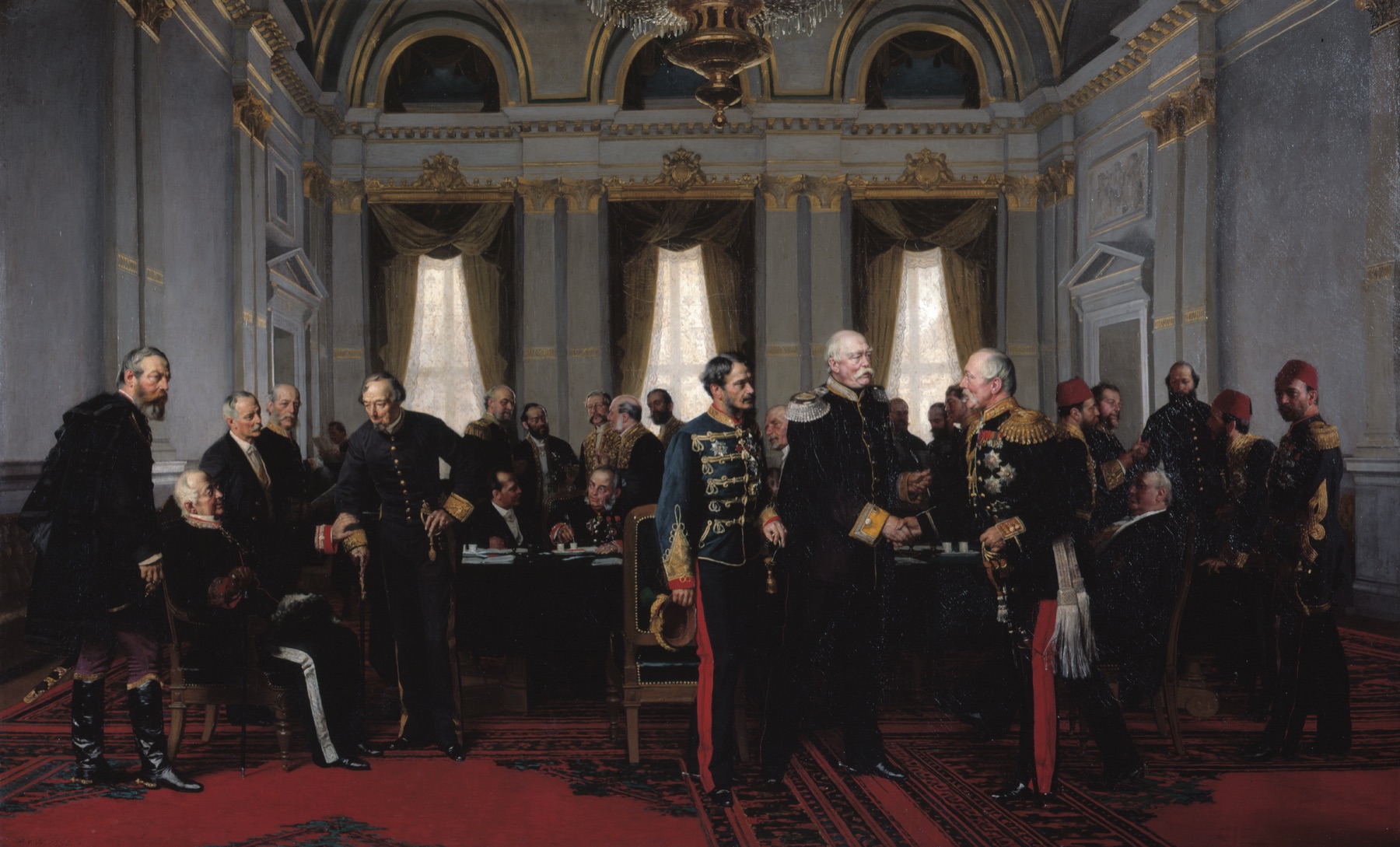 The Congress of Berlin, reduced: two dozen men in uniform around a table in a gilded hall