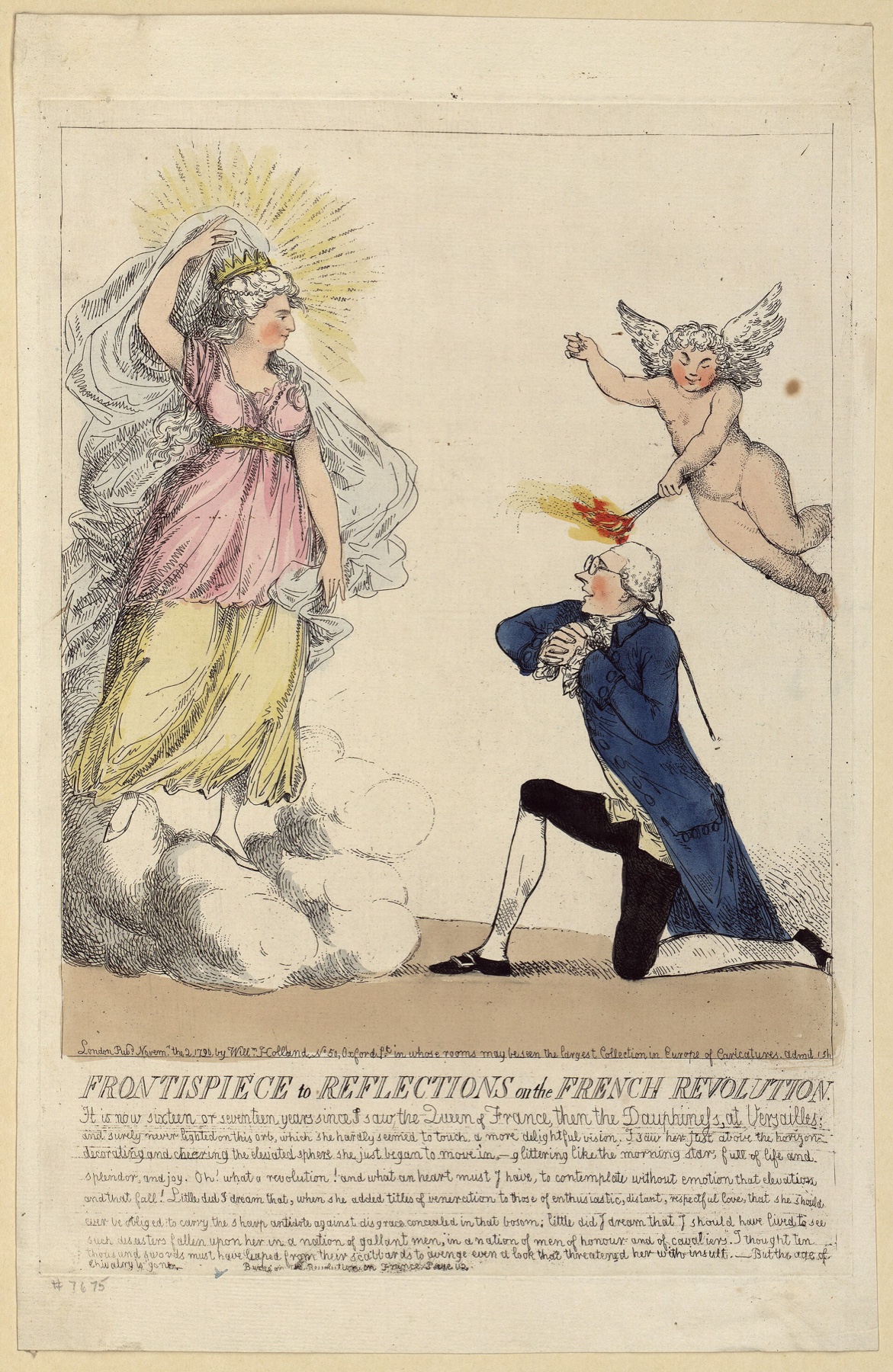 A hand-coloured etching: a man in a blue coat kneels on one knee before a radiant floating vision of a crowned woman, while a winged cherub above touches his head with a flaming torch; engraved text runs beneath