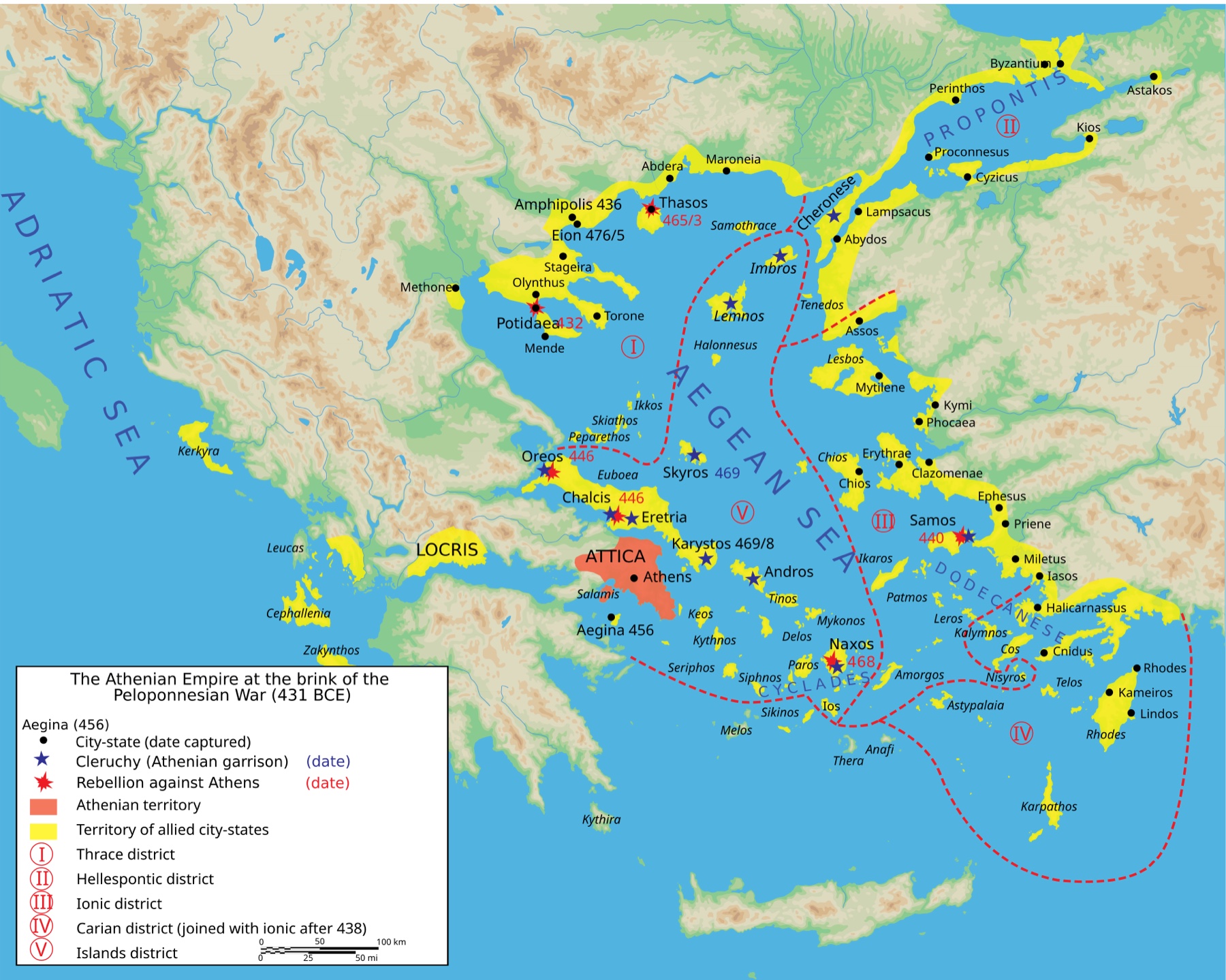 Map of the Athenian Empire in 431 BCE on the eve of the Peloponnesian War, showing Athenian territory, allied city-states, cleruchies, and dated rebellions against Athens