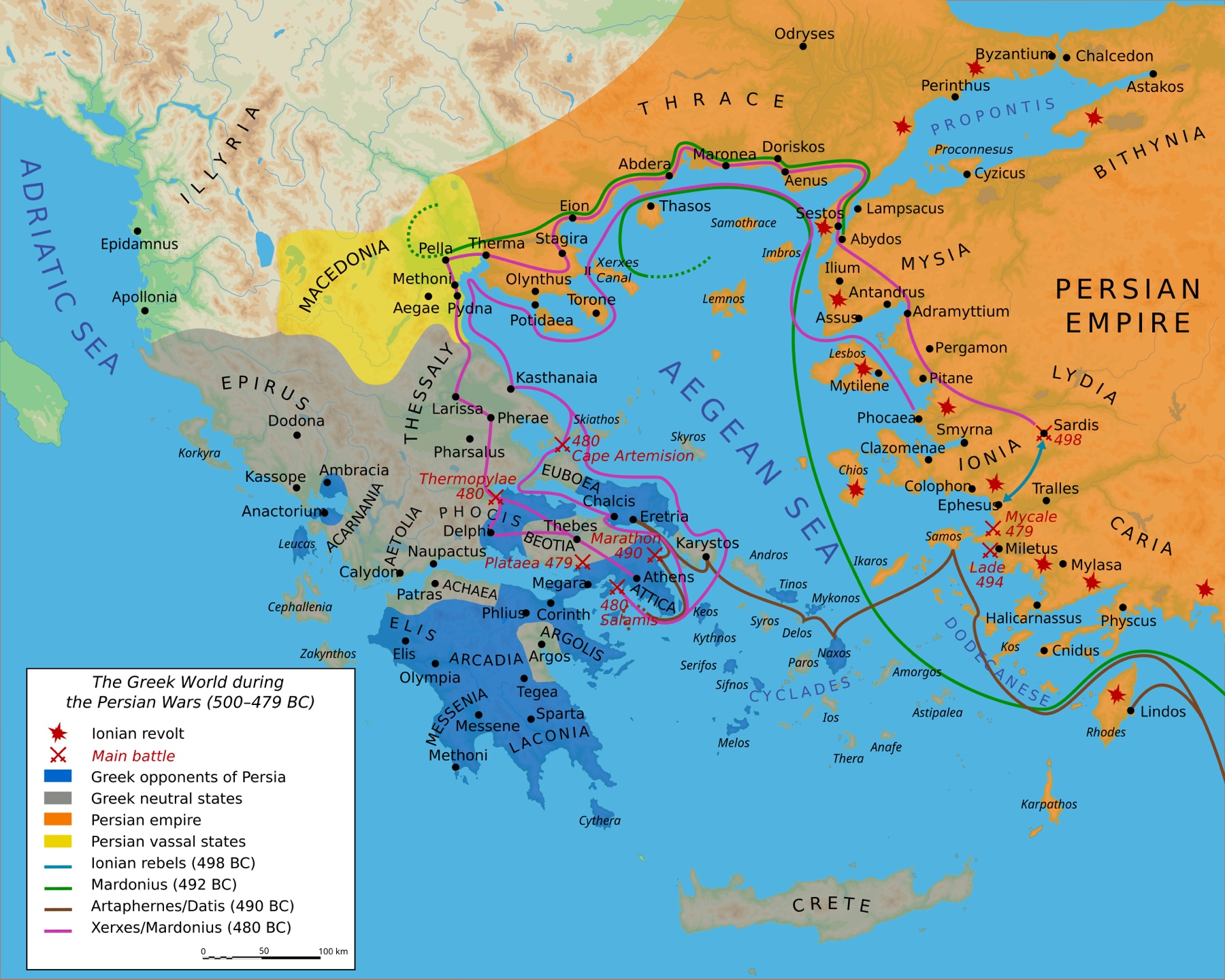 Map of the Greek world during the Persian Wars, 500 to 479 BCE, showing the Persian empire, Greek opponents, neutral states, the invasion routes, and the main battles