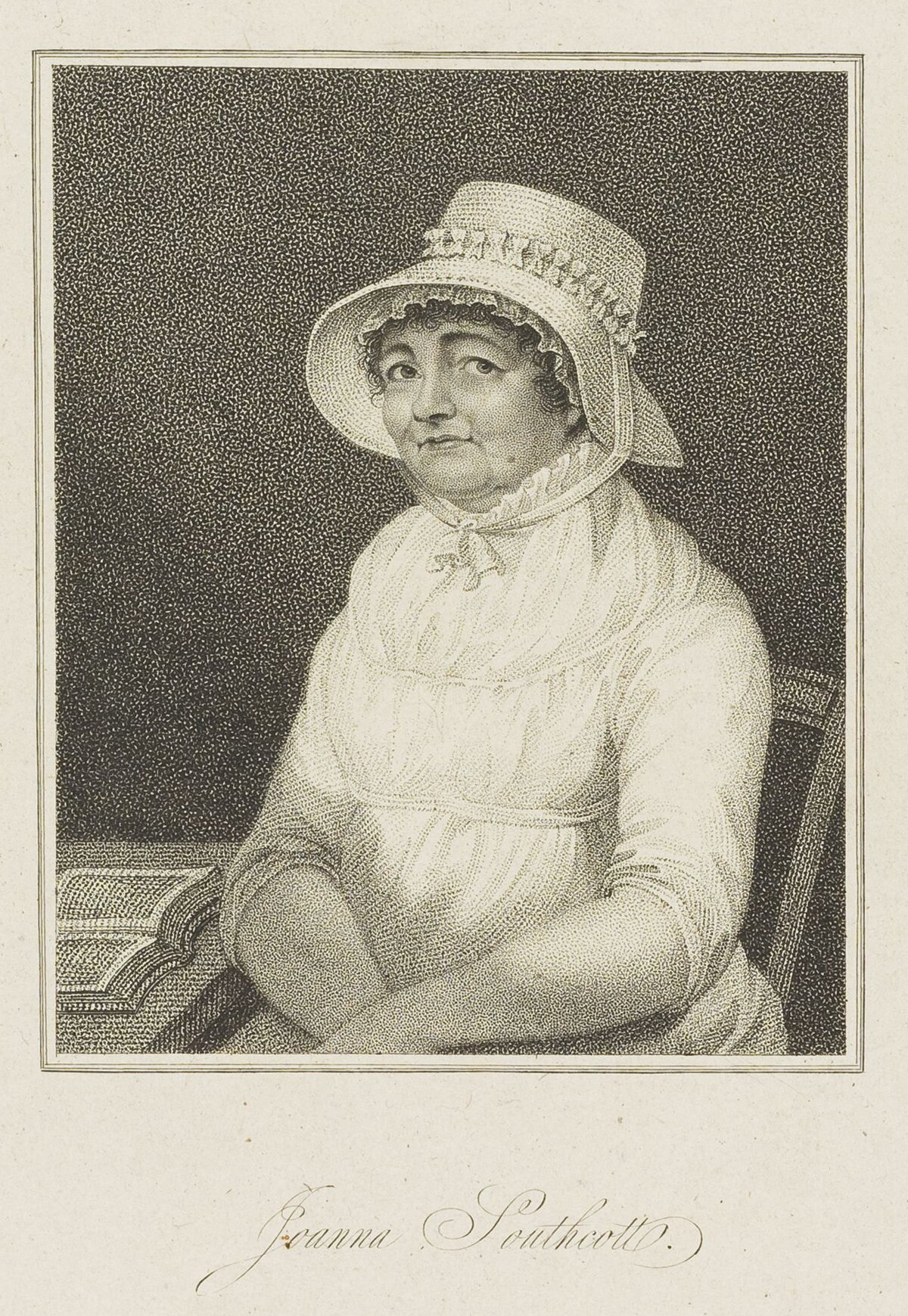 A stipple engraving of an elderly woman in a frilled bonnet and white gown, seated, arms folded, with a stack of books at her elbow; her signature engraved below