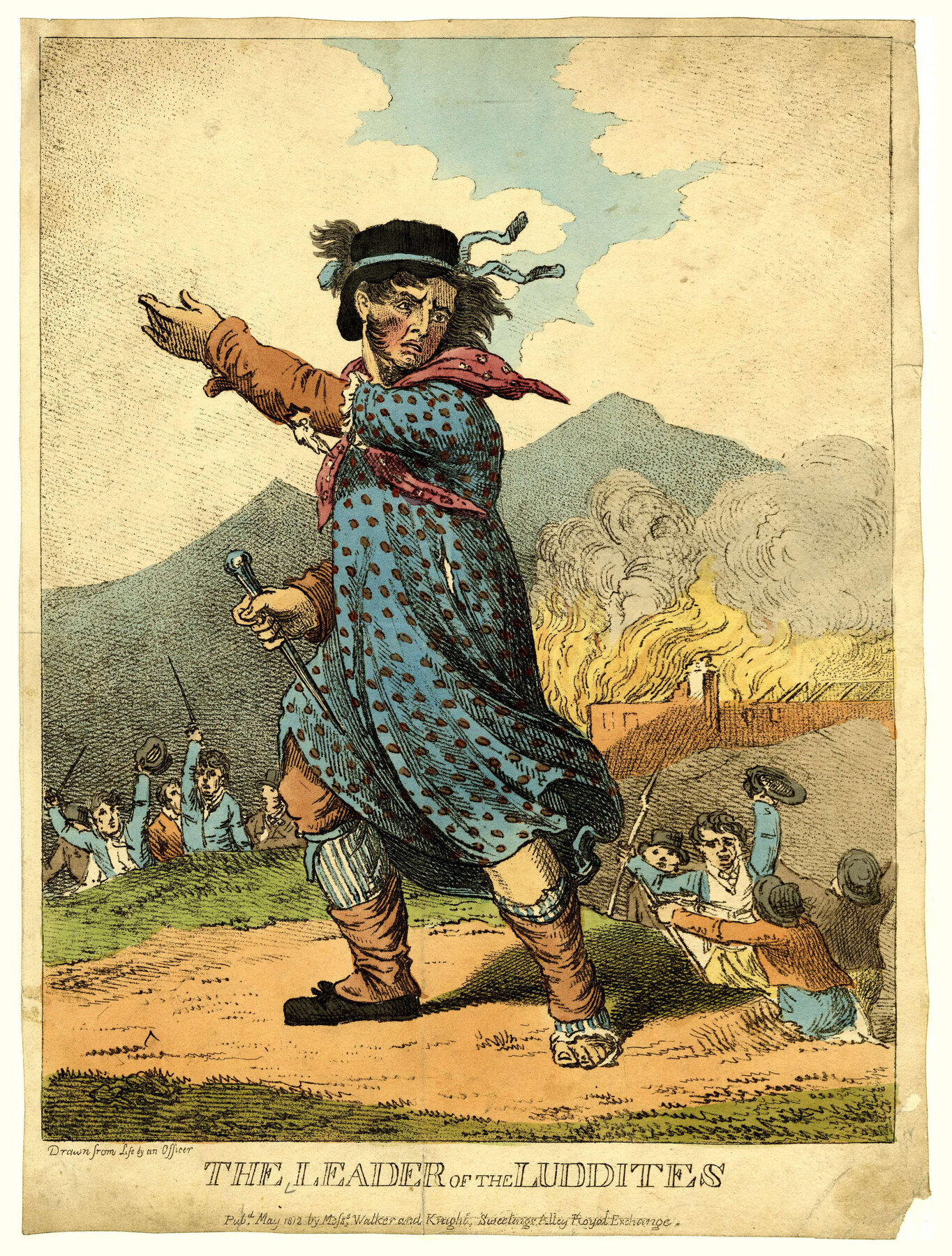 A hand-coloured etching of a man in a woman's blue spotted dress and bonnet striding forward with a club, arm flung out, while behind him figures with raised weapons attack a burning mill