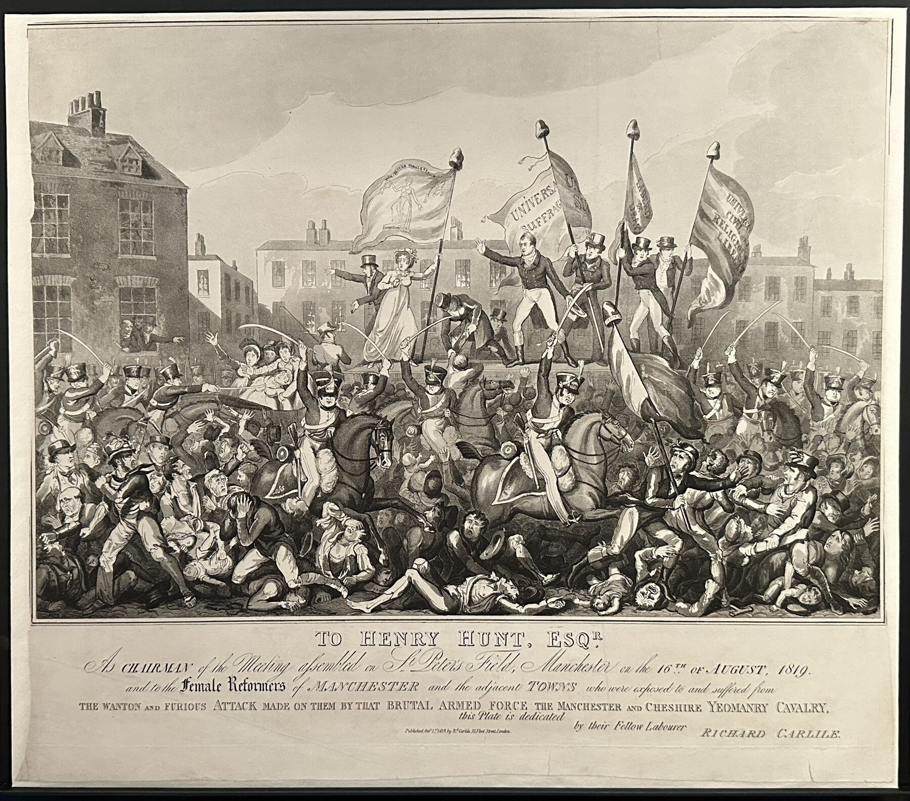 An aquatint of a packed open field: mounted cavalry with raised sabres ride into a dense crowd, banners reading UNIVERSAL SUFFRAGE above them, people falling under the horses in the foreground, houses along the far side