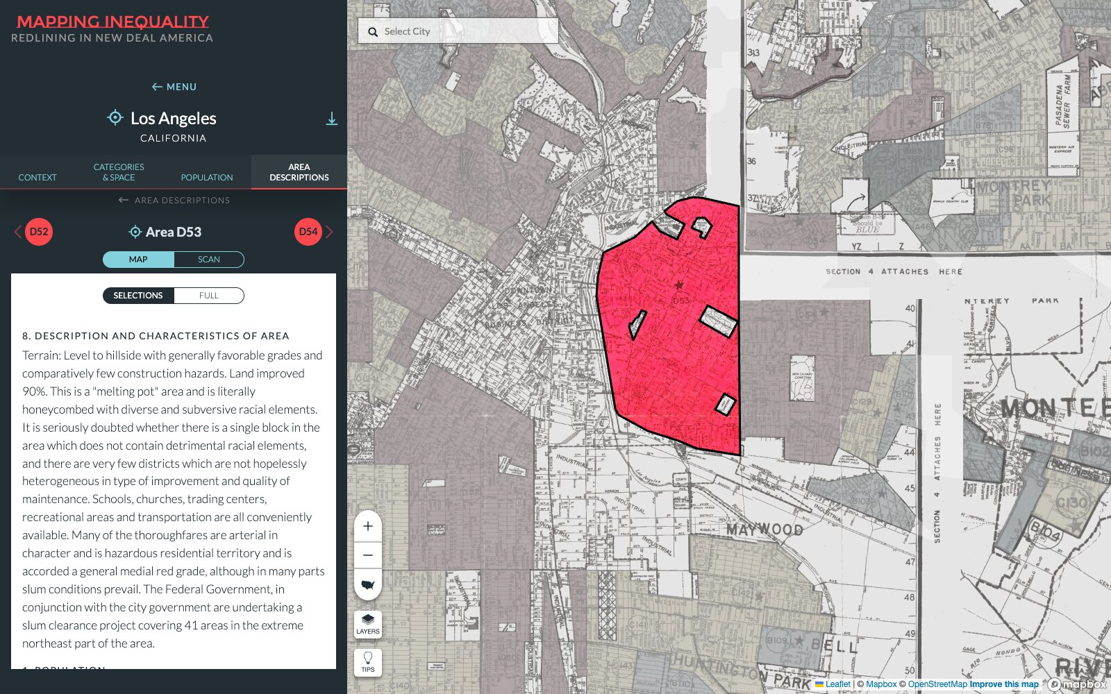 A screenshot of the Mapping Inequality website: on the left, a panel with the appraisers' description of Los Angeles area D53; on the right, a scanned 1939 map with Boyle Heights outlined and filled in red