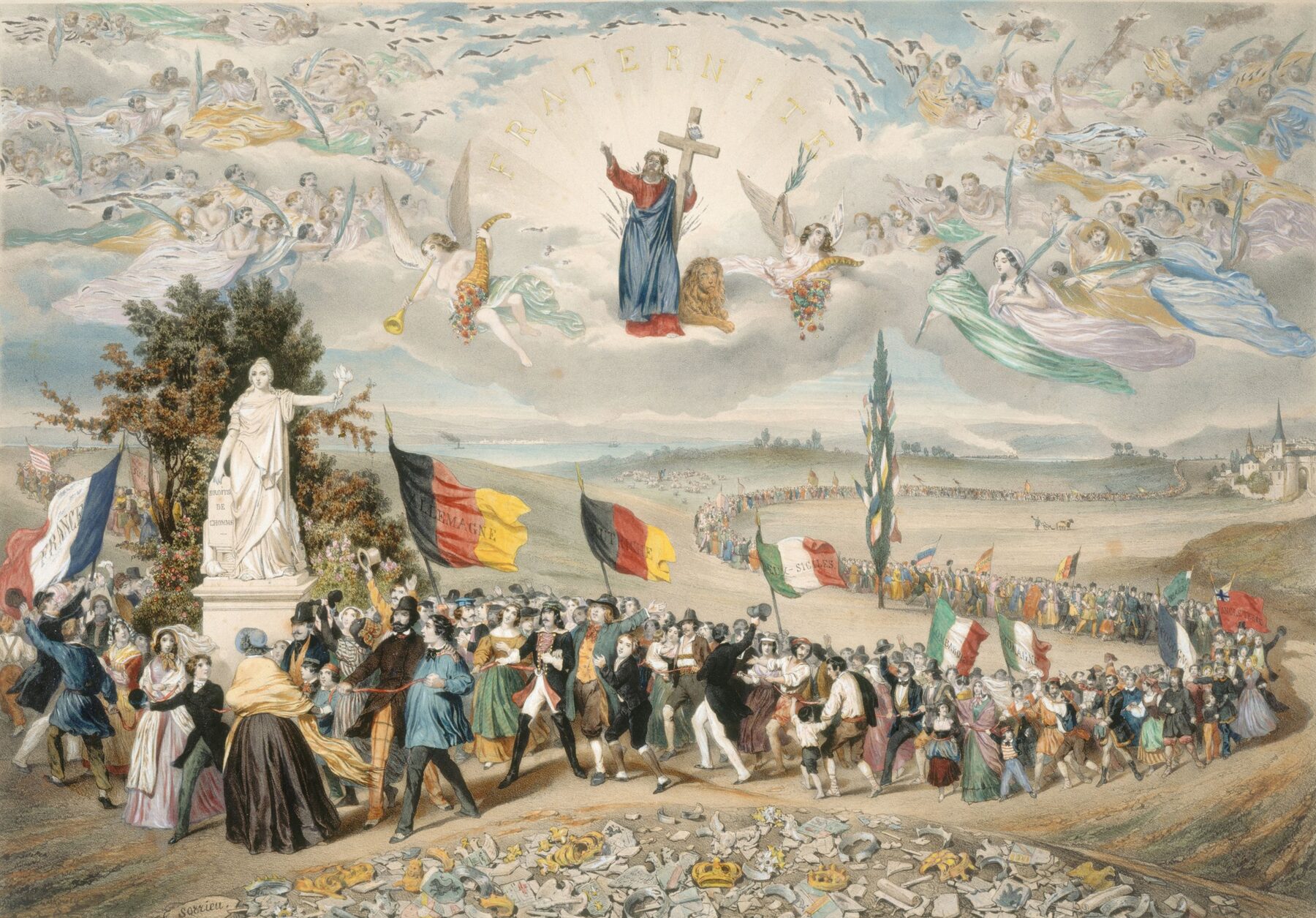 A hand-colored lithograph: a long procession of men and women in national dress, carrying the flags of France, Germany, Italy and other countries, winds across a landscape toward a white statue holding a torch; broken crowns and sceptres lie in the foreground, and Christ, saints and angels look on from the clouds