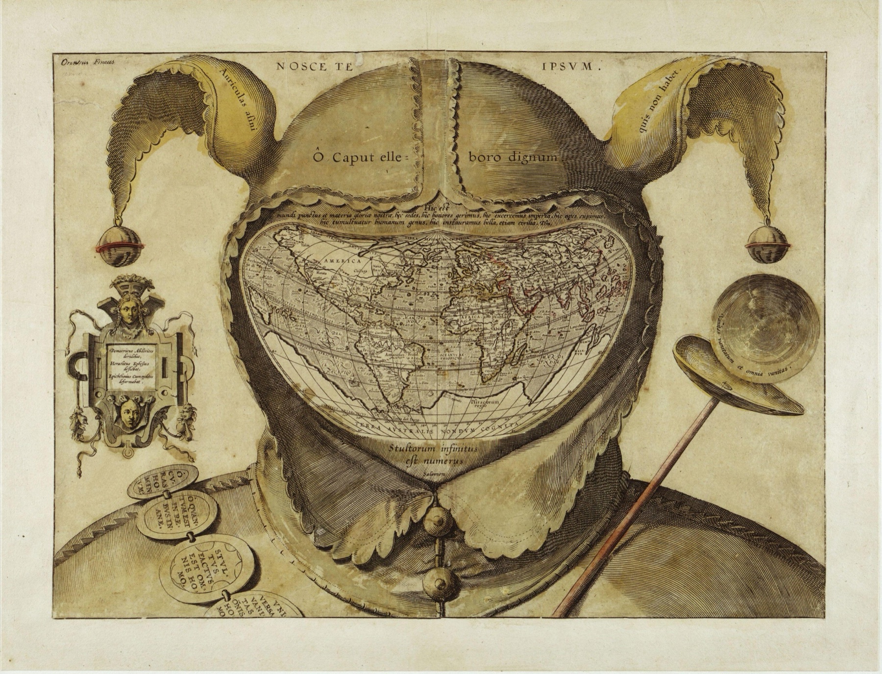 An engraved world map set inside the hood of a jester's cap, with bells on the ears, a fool's bauble at the right, and Latin mottoes above and below the map