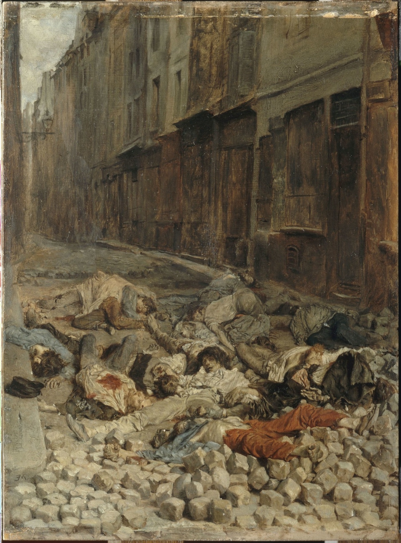 An oil painting looking down a narrow street of shuttered shopfronts: the whole foreground is a field of torn-up paving stones, and lying among them, sprawled in rows, are a dozen or more dead men in workmen's shirts and smocks, one in bright red trousers