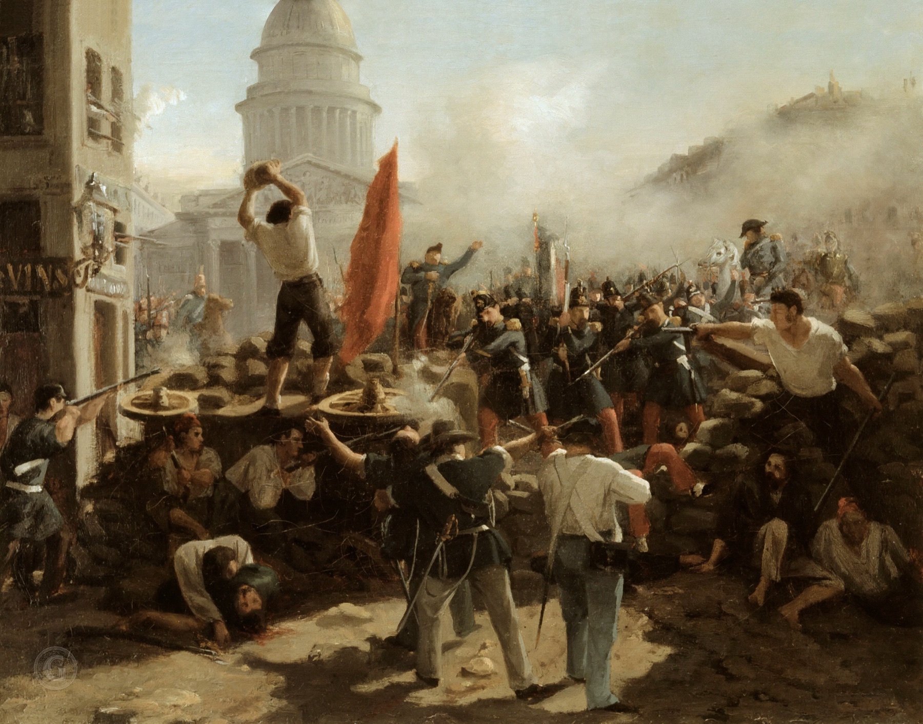 An oil painting of street fighting: a barricade of paving stones and cart wheels across the foreground, an insurgent in a white shirt standing on it raising a cobblestone over his head beside a red flag, a close-packed column of infantry in dark coats and red trousers leveling bayonets at them from the right, dead and wounded men below, and the dome of the Panthéon rising through smoke behind