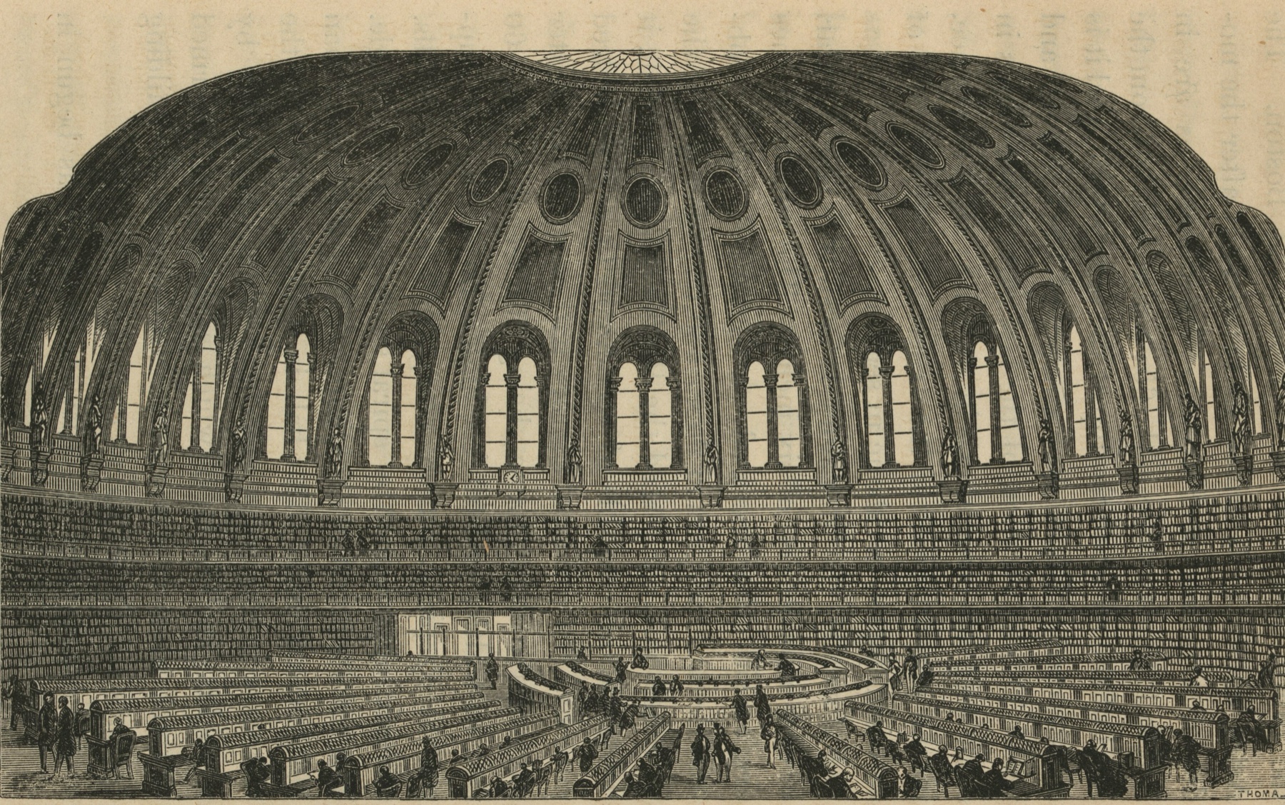 A wood engraving of a vast domed circular library, tiers of bookshelves running the whole circumference beneath arched windows, with long reading desks radiating from the centre and small dark figures of readers seated at them