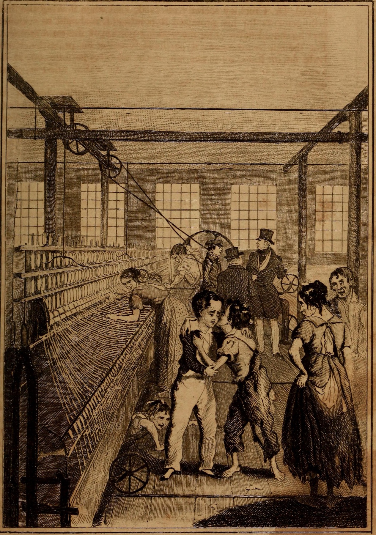 An etching of a mill spinning room: long spinning mules down the left, two ragged boys embracing in the center aisle, a barefoot girl and other workers watching, a child crouched under the machine at lower left, and a man in a top hat standing at the back