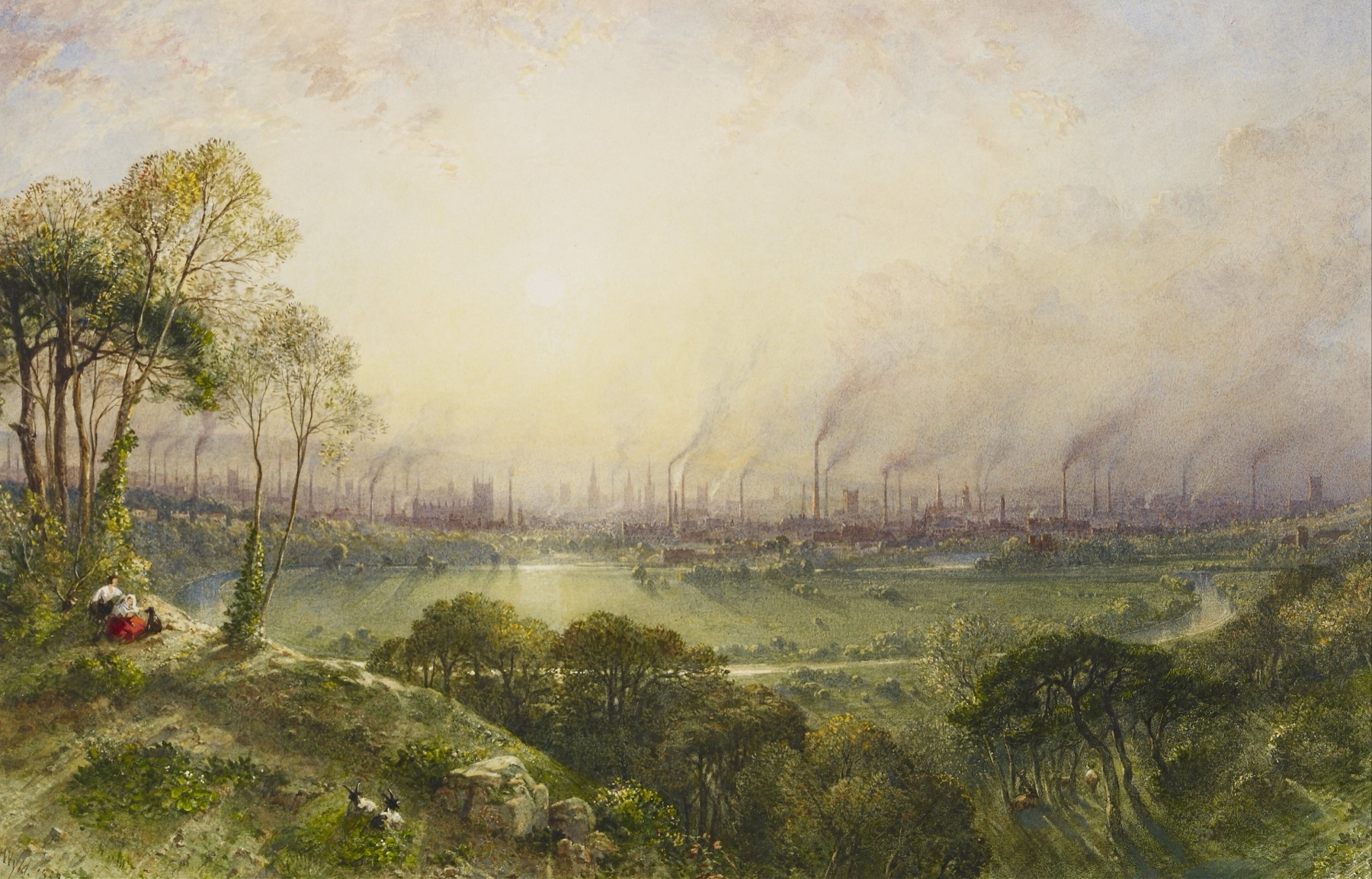 A watercolour landscape: goats and a resting couple on a grassy bank with trees at the left, green fields in the middle distance, and along the whole horizon a line of smoking factory chimneys under a golden haze