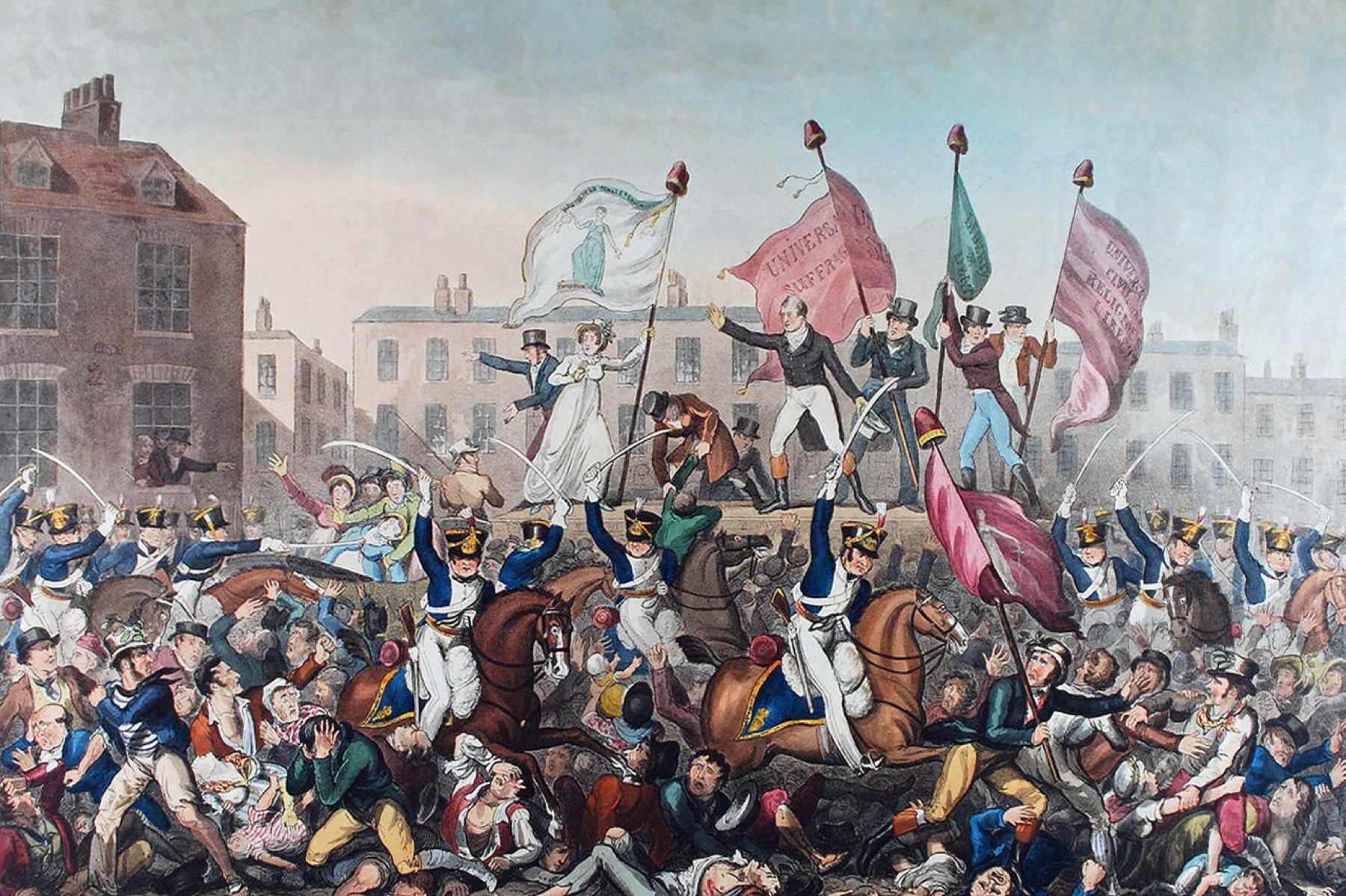 A hand-coloured print of mounted cavalry with raised sabres riding into a dense crowd in a city square, people trampled underfoot in the foreground, large banners held aloft behind the speakers' platform