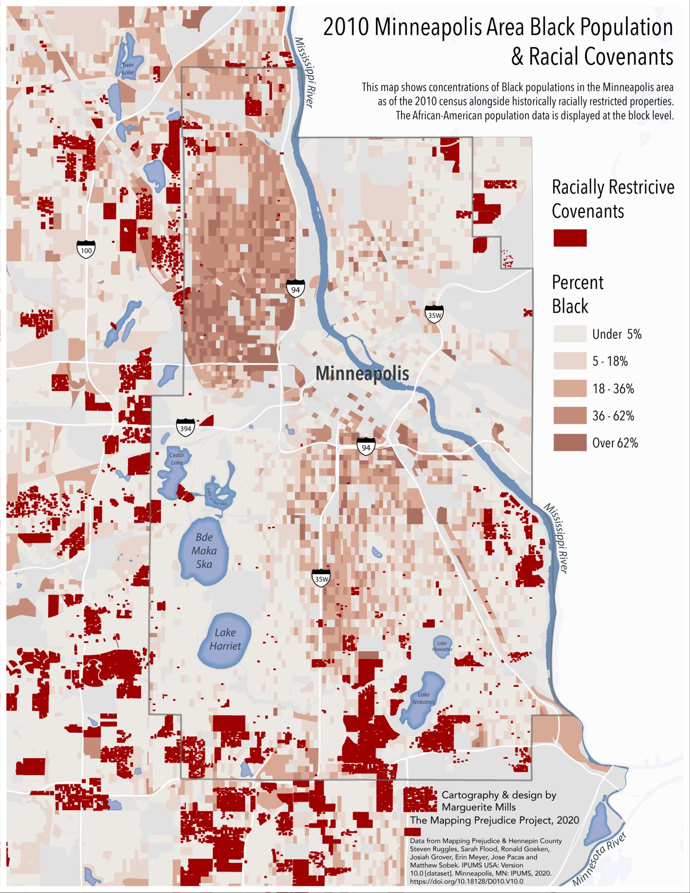 A map of Minneapolis shading city blocks by their share of Black residents in 2010, darkest in the north and south-central city, with racially restricted properties in solid dark red clustered in the southwest, along the city's edges and in the suburbs
